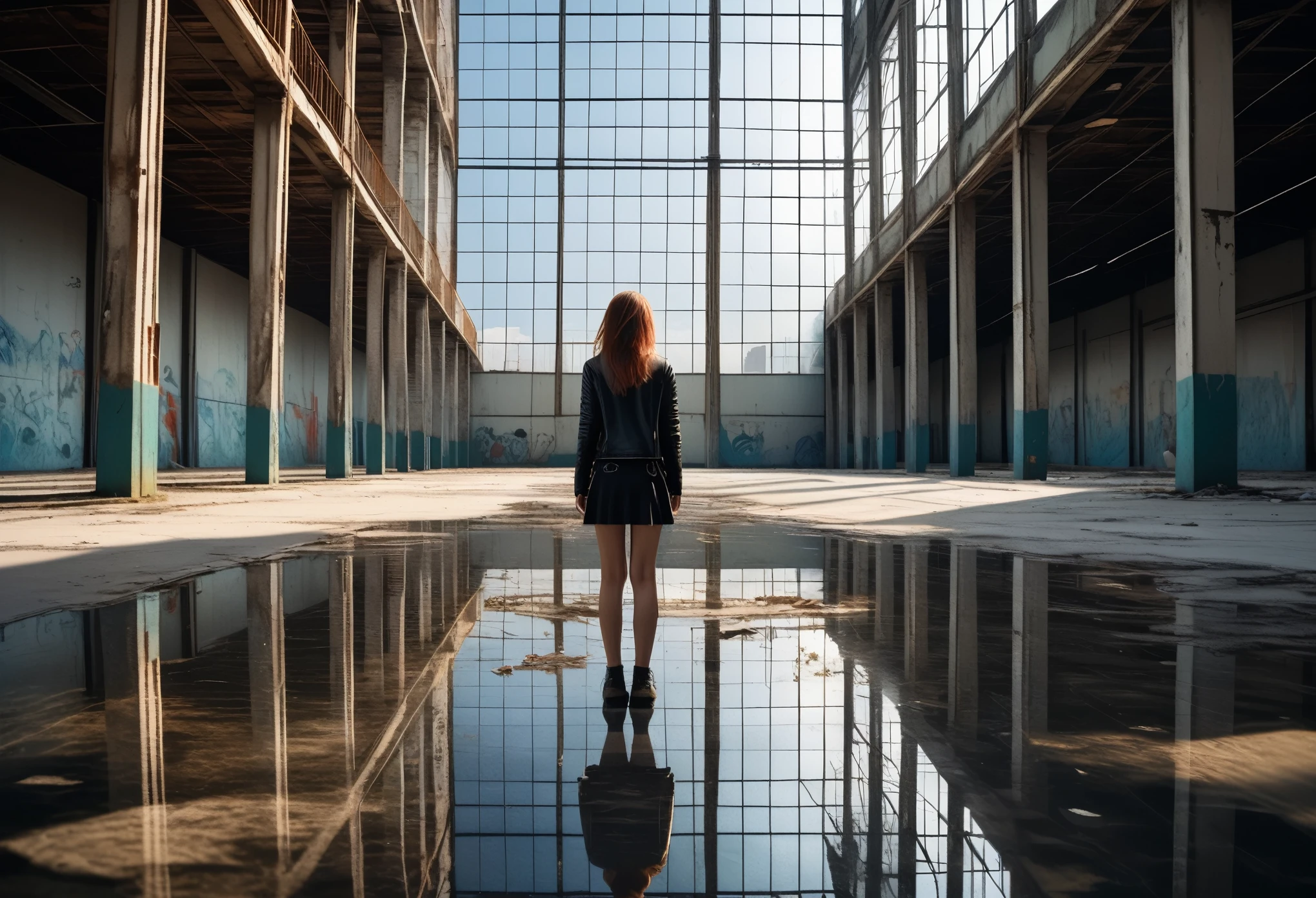 You are looking at the back of a 25 year old female punk, she is standing in a vast abandoned warehouse, the view is isometric with a vanishing point perspective moving away to the distance, the woman is standing 3 feet from a bank of storey height windows that span the entire lefthand side of the building, the floor is covered with a thin layer of crystal clear water creating a perfect mirror reflection, reflecting the thousands of windows that dpan the building wall perfectly as if they were real, like god himself created this reflection, pure perfection, the woman and windows are mirrored in macro detail on the water's surface creating the most pristine symmetrical duplicate image ever beholden, (ultra-realistic RAW photographic image, masterpiece, best quality:1.4), absurdres, huge filesize 