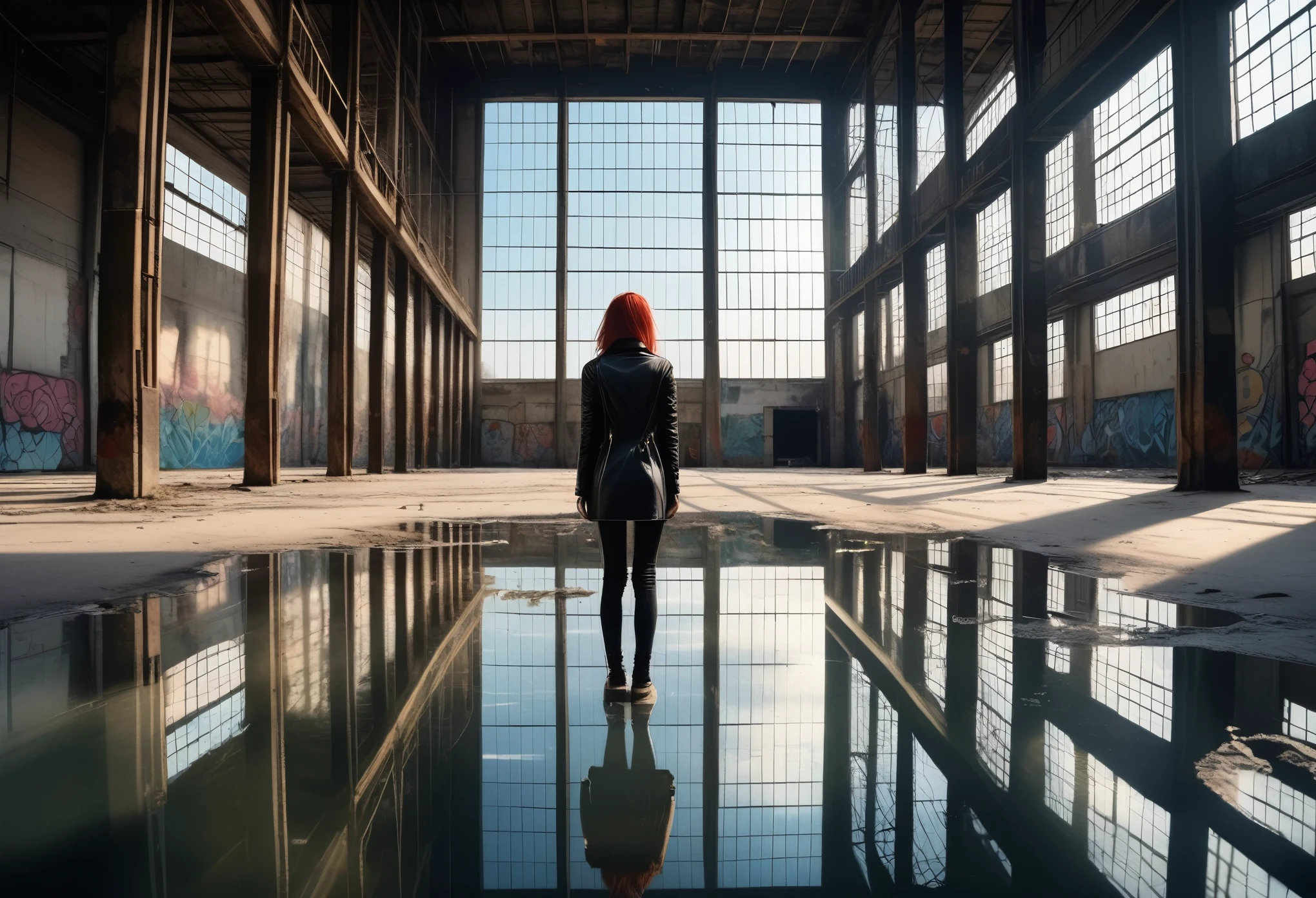 You are looking at the back of a 25 year old female punk, she is standing in a vast abandoned warehouse, the view is isometric with a vanishing point perspective moving away to the distance, the woman is standing 3 feet from a bank of storey height windows that span the entire lefthand side of the building, the floor is covered with a thin layer of crystal clear water creating a perfect mirror reflection, reflecting the thousands of windows that dpan the building wall perfectly as if they were real, like god himself created this reflection, pure perfection, the woman and windows are mirrored in macro detail on the water's surface creating the most pristine symmetrical duplicate image ever beholden, (ultra-realistic RAW photographic image, masterpiece, best quality:1.4), absurdres, huge filesize 