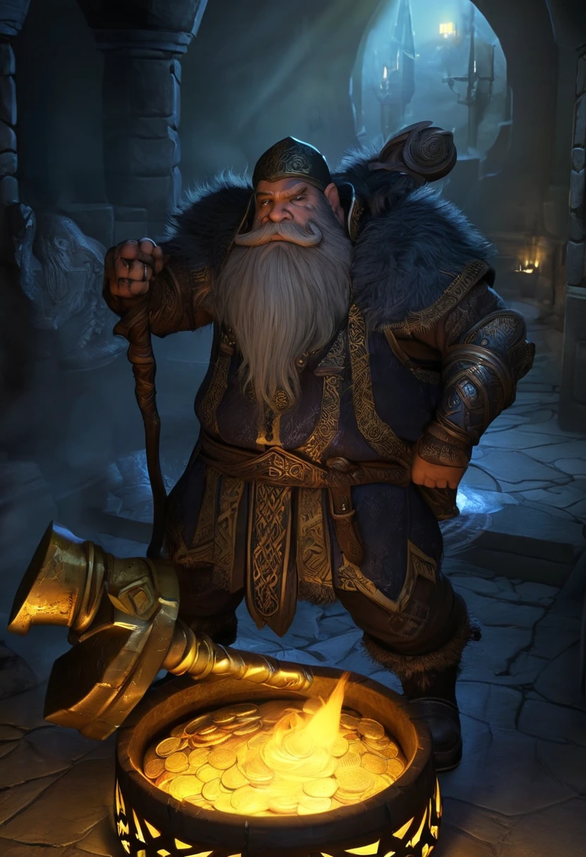 (best quality,4k,highres,masterpiece:1.2),ultra-detailed,realistic:1.37,a dwarven adventurer,big beard,chain armor,bloody axe,staring,gold mirror,reflection,king,greed,dungeon hoard,treasure room,dark and dimly lit room,sparkling gold coins,glittering gemstones,ancient artifacts,mysterious atmosphere,heavy iron bars,creepy shadows,twisting corridors,whispering voices,riches beyond imagination,enchanted treasures,dripping water,echoing footsteps,battle scars,fire-lit braziers,secret passages,hidden traps,guarded by fearsome creatures (Be sure to render the dwarf enthralled by his reflection, focus on the dwarf and reflection)