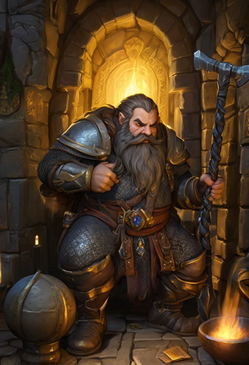 (best quality,4k,highres,masterpiece:1.2),ultra-detailed,realistic:1.37,a dwarven adventurer,big beard,chain armor,bloody axe,staring,gold mirror,reflection,king,greed,dungeon hoard,treasure room,dark and dimly lit room,sparkling gold coins,glittering gemstones,ancient artifacts,mysterious atmosphere,heavy iron bars,creepy shadows,twisting corridors,whispering voices,riches beyond imagination,enchanted treasures,dripping water,echoing footsteps,battle scars,fire-lit braziers,secret passages,hidden traps,guarded by fearsome creatures (Be sure to render the dwarf enthralled by his reflection, focus on the dwarf and reflection)