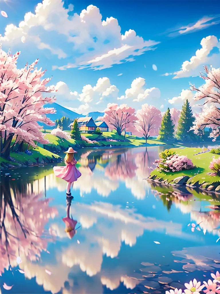 spring scenery and girl reflected on the lake surface