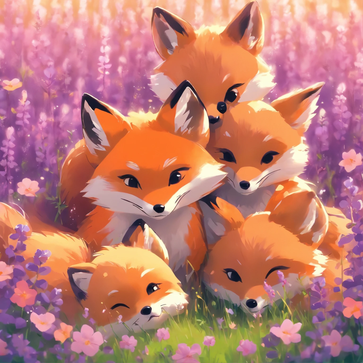 three foxes are walking through a field of purple flowers, foxes, playing with foxes, foxes playing in a meadow, swarming in flowers, beautiful”, incredibly cute, beautiful!!!!!!!!!, beautiful nature, beautiful!!!!!!!!!!!!, adorable appearance!!!, wow it is beautiful, pink fox, foxes and deer, by Shiba Kōkan, by Anato Finnstark