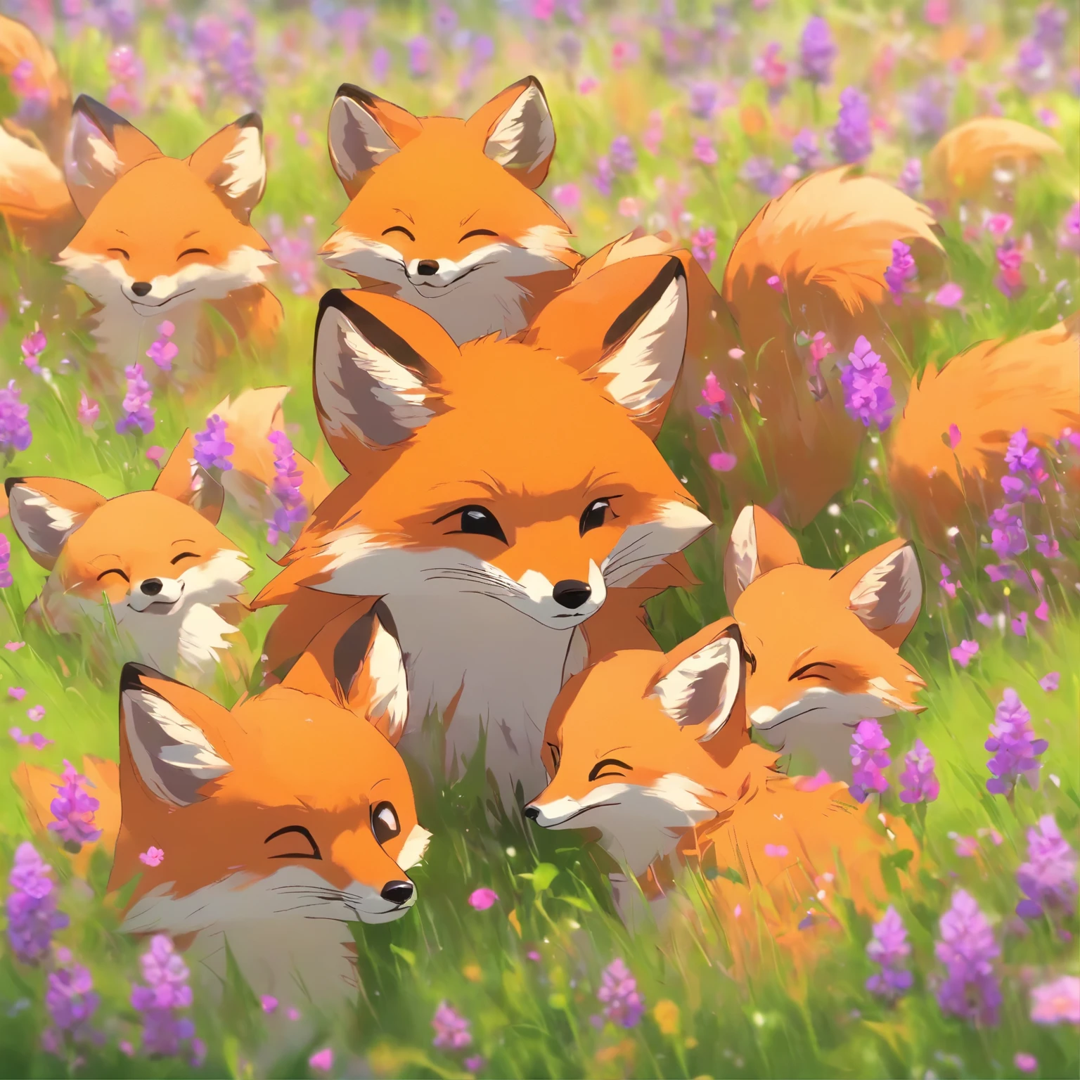 three foxes are walking through a field of purple flowers, foxes, playing with foxes, foxes playing in a meadow, swarming in flowers, beautiful”, incredibly cute, beautiful!!!!!!!!!, beautiful nature, beautiful!!!!!!!!!!!!, adorable appearance!!!, wow it is beautiful, pink fox, foxes and deer, by Shiba Kōkan, by Anato Finnstark