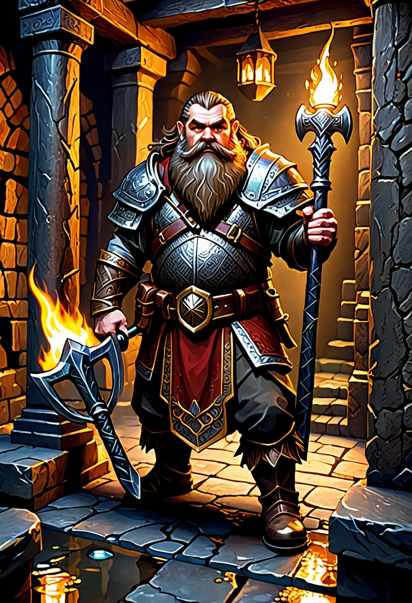 (best quality,4k,highres,masterpiece:1.2),ultra-detailed,realistic:1.37,a dwarven adventurer,big beard,chain armor,bloody axe,staring,gold mirror,reflection,king,greed,dungeon hoard,treasure room,dark and dimly lit room,sparkling gold coins,glittering gemstones,ancient artifacts,mysterious atmosphere,heavy iron bars,creepy shadows,twisting corridors,whispering voices,riches beyond imagination,enchanted treasures,dripping water,echoing footsteps,battle scars,fire-lit braziers,secret passages,hidden traps,guarded by fearsome creatures (Be sure to render the dwarf enthralled by his reflection, focus on the dwarf and reflection)