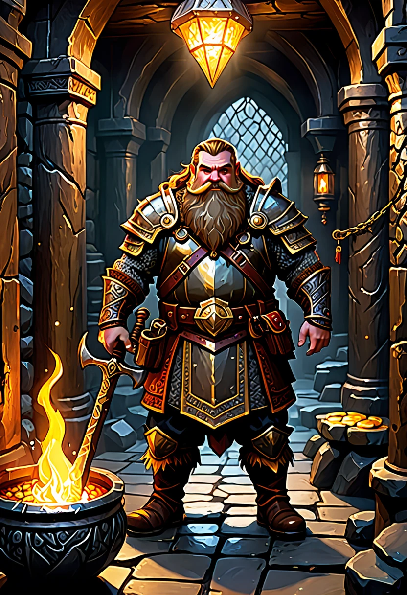 (best quality,4k,highres,masterpiece:1.2),ultra-detailed,realistic:1.37,a dwarven adventurer,big beard,chain armor,bloody axe,staring,gold mirror,reflection,king,greed,dungeon hoard,treasure room,dark and dimly lit room,sparkling gold coins,glittering gemstones,ancient artifacts,mysterious atmosphere,heavy iron bars,creepy shadows,twisting corridors,whispering voices,riches beyond imagination,enchanted treasures,dripping water,echoing footsteps,battle scars,fire-lit braziers,secret passages,hidden traps,guarded by fearsome creatures (Be sure to render the dwarf enthralled by his reflection, focus on the dwarf and reflection)
