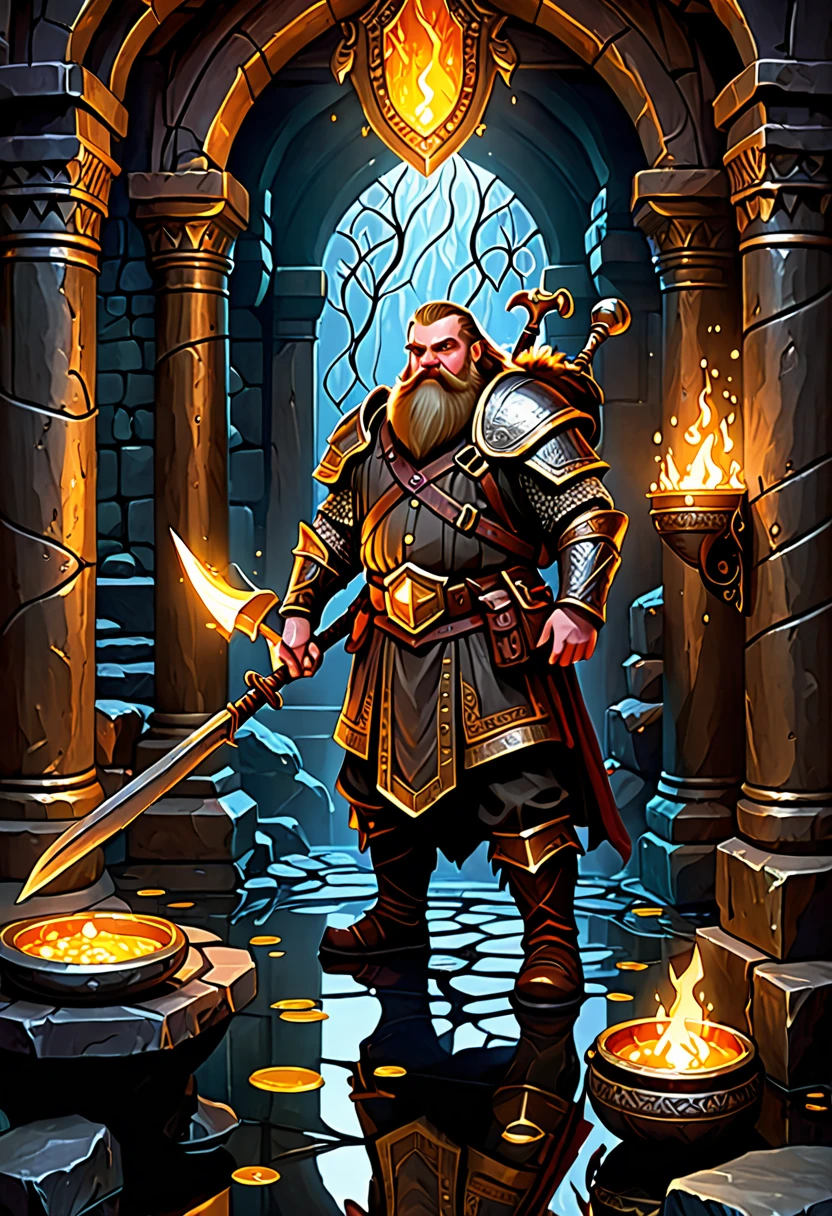(best quality,4k,highres,masterpiece:1.2),ultra-detailed,realistic:1.37,a dwarven adventurer,big beard,chain armor,bloody axe,staring,gold mirror,reflection,king,greed,dungeon hoard,treasure room,dark and dimly lit room,sparkling gold coins,glittering gemstones,ancient artifacts,mysterious atmosphere,heavy iron bars,creepy shadows,twisting corridors,whispering voices,riches beyond imagination,enchanted treasures,dripping water,echoing footsteps,battle scars,fire-lit braziers,secret passages,hidden traps,guarded by fearsome creatures (Be sure to render the dwarf enthralled by his reflection, focus on the dwarf and reflection)
