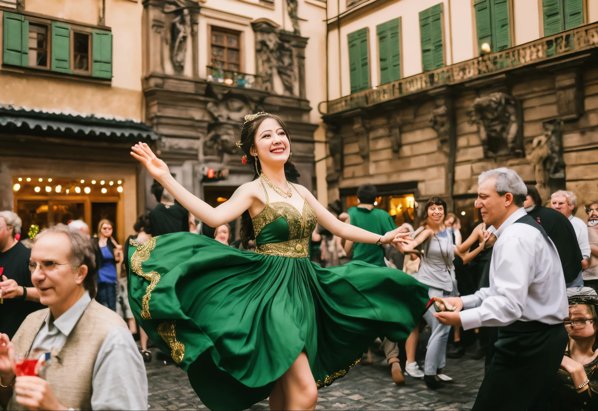 (masterpiece, best quality, realistic),
1girl,Prague Old Town Square background, gypsy dress, dancing, intricate, dark green dress, gold, gypsy person, banquet, crowd, picking up skirt,pale skin,
[slight smile],