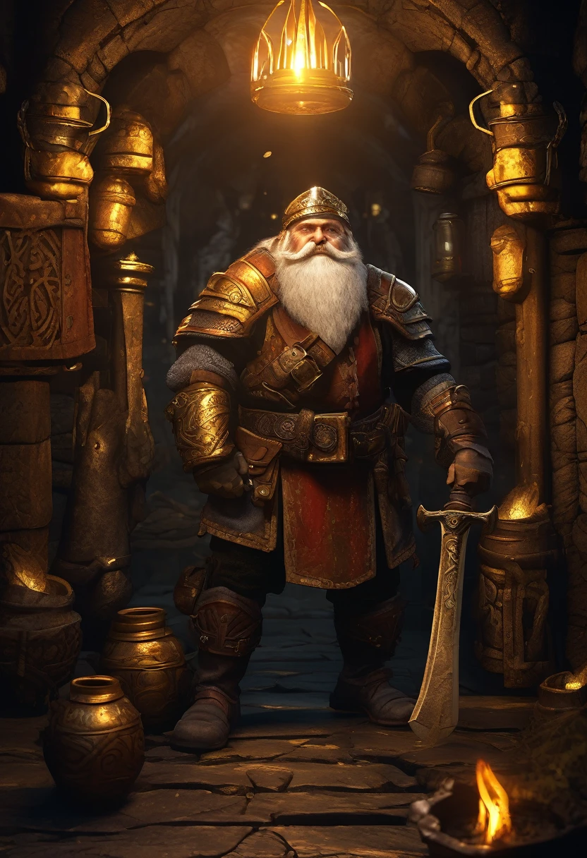 (best quality,4k,highres,masterpiece:1.2),ultra-detailed,realistic:1.37,a dwarven adventurer,big beard,chain armor,bloody axe,staring,gold mirror,reflection,king,greed,dungeon hoard,treasure room,dark and dimly lit room,sparkling gold coins,glittering gemstones,ancient artifacts,mysterious atmosphere,heavy iron bars,creepy shadows,twisting corridors,whispering voices,riches beyond imagination,enchanted treasures,dripping water,echoing footsteps,battle scars,fire-lit braziers,secret passages,hidden traps,guarded by fearsome creatures (Be sure to render the dwarf enthralled by his reflection, focus on the dwarf and reflection)