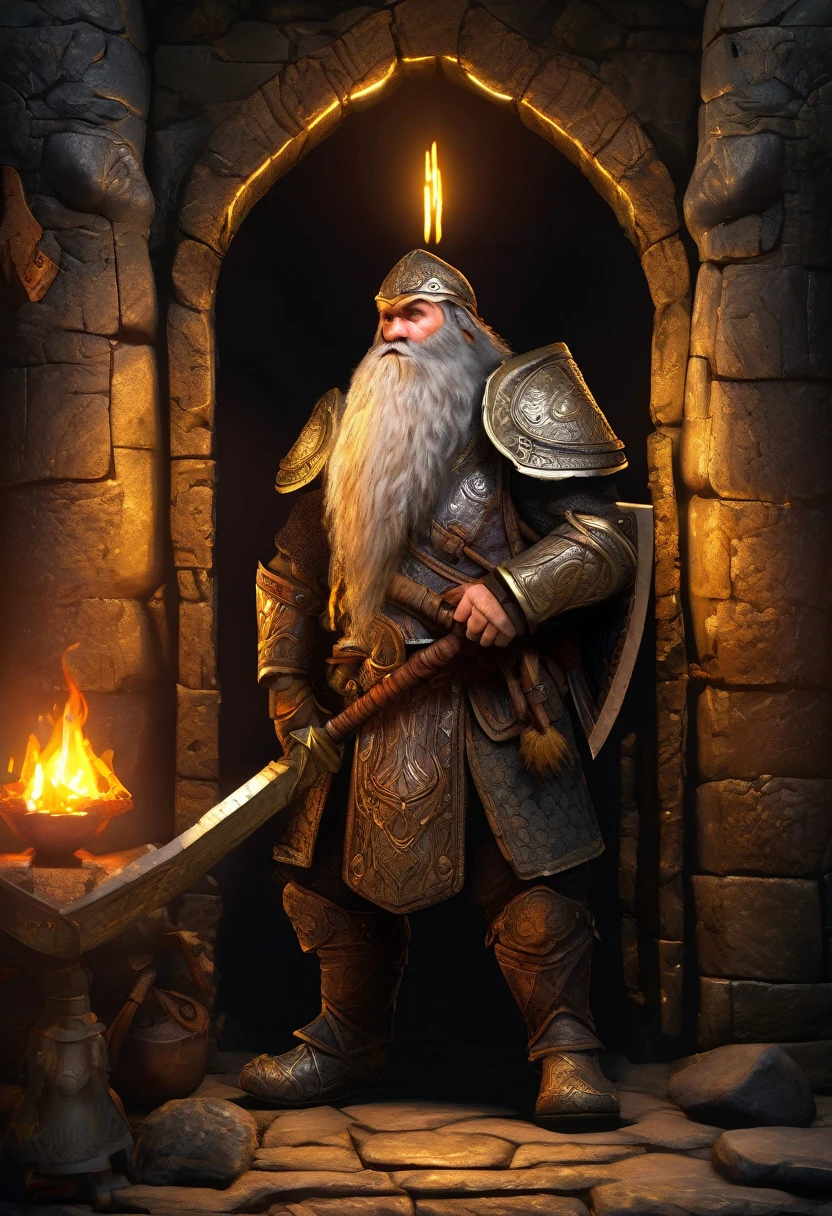 (best quality,4k,highres,masterpiece:1.2),ultra-detailed,realistic:1.37,a dwarven adventurer,big beard,chain armor,bloody axe,staring,gold mirror,reflection,king,greed,dungeon hoard,treasure room,dark and dimly lit room,sparkling gold coins,glittering gemstones,ancient artifacts,mysterious atmosphere,heavy iron bars,creepy shadows,twisting corridors,whispering voices,riches beyond imagination,enchanted treasures,dripping water,echoing footsteps,battle scars,fire-lit braziers,secret passages,hidden traps,guarded by fearsome creatures (Be sure to render the dwarf enthralled by his reflection, focus on the dwarf and reflection)