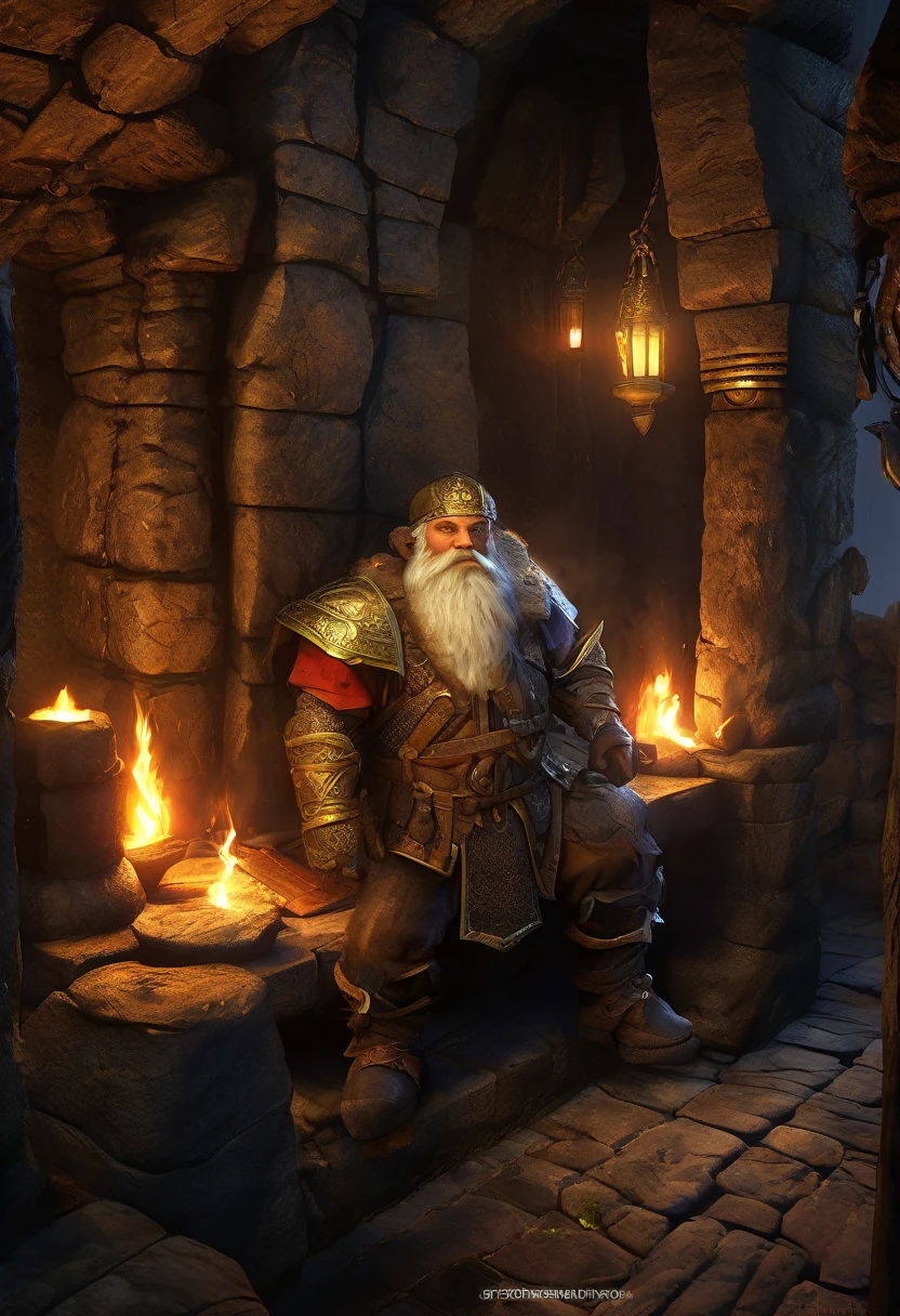 (best quality,4k,highres,masterpiece:1.2),ultra-detailed,realistic:1.37,a dwarven adventurer,big beard,chain armor,bloody axe,staring,gold mirror,reflection,king,greed,dungeon hoard,treasure room,dark and dimly lit room,sparkling gold coins,glittering gemstones,ancient artifacts,mysterious atmosphere,heavy iron bars,creepy shadows,twisting corridors,whispering voices,riches beyond imagination,enchanted treasures,dripping water,echoing footsteps,battle scars,fire-lit braziers,secret passages,hidden traps,guarded by fearsome creatures (Be sure to render the dwarf enthralled by his reflection, focus on the dwarf and reflection)