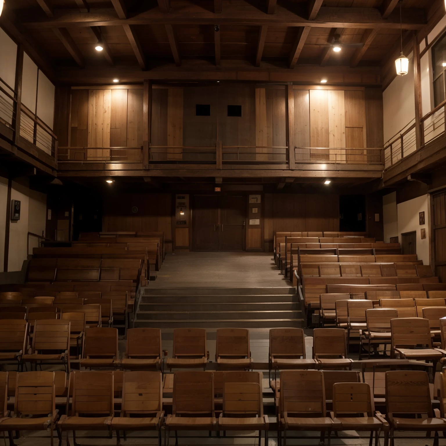 Traditional Taiwanese movie theater space from the 1950s featuring two black projection apertures on the wooden wall upfront and neatly arranged cypress movie chairs below, evoking the architectural heritage of Lukang Old Street. The theater boasts traditional Minnan-style cement window frames and a façade crafted from a combination of cement and wood. This scene captures the authenticity of the era, showcasing intricate details such as the wooden beams supporting the traditional ceiling. The illustration should emulate the vibrant colors and rich textures of color film photography, capturing the essence of the 1950s cinema experience with maximum realism and attention to detail. The perspective is akin to a panoramic photograph taken at eye level.