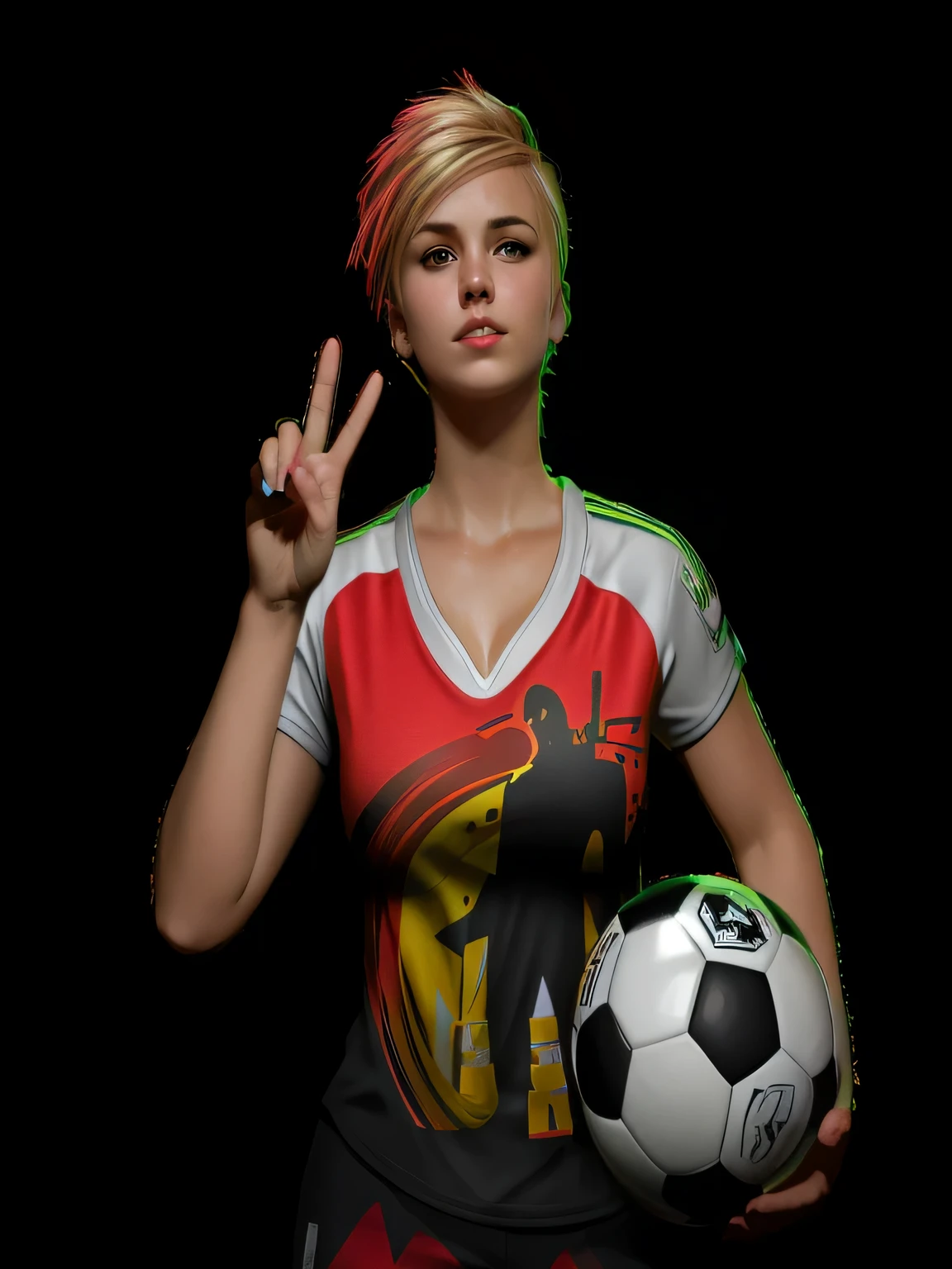 Girl holding a soccer ball and making a peace sign, blonde shirt hair, punk, cleavage, focus eyes, soccer player, high resolution, realistic