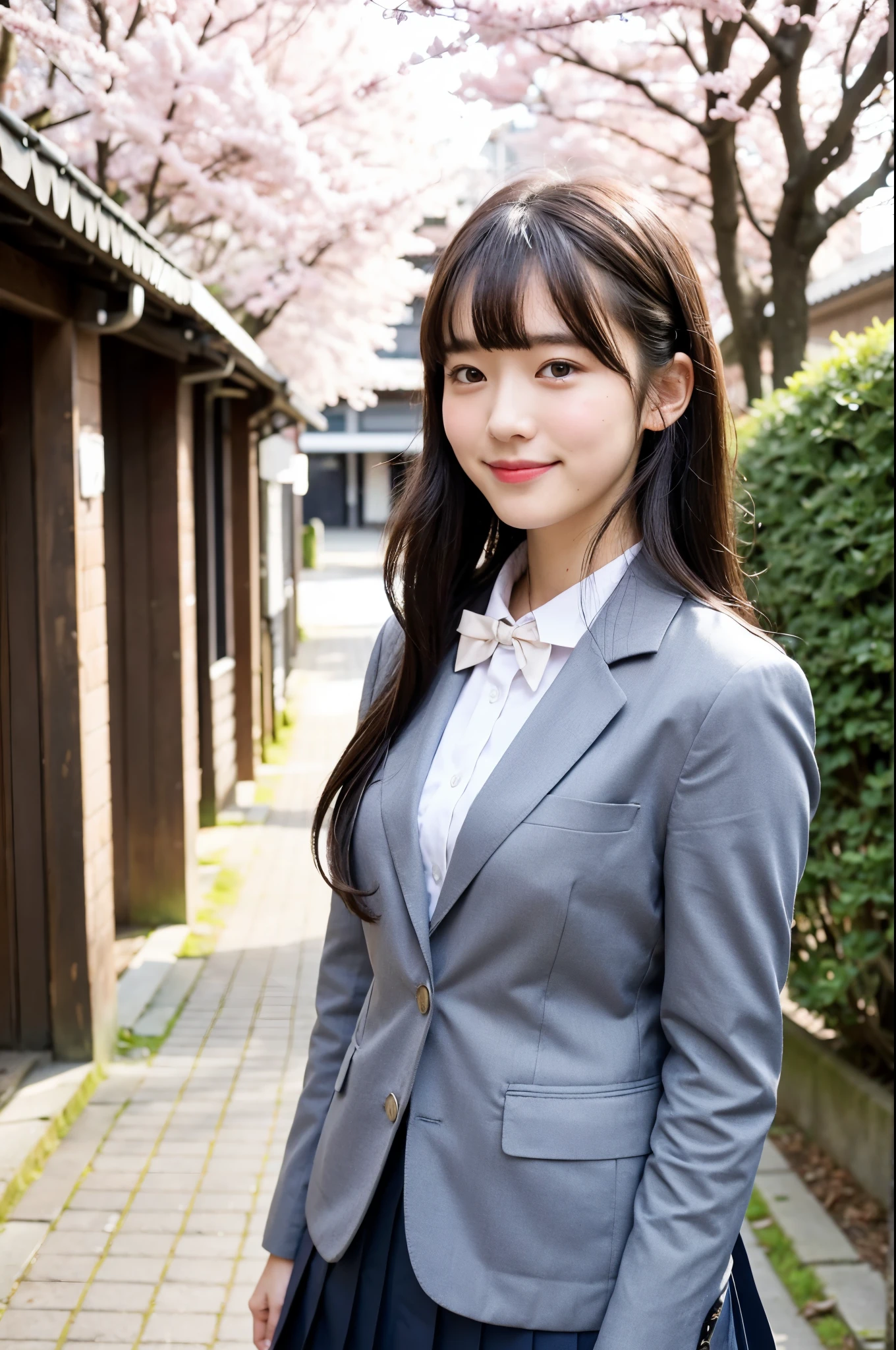 girl standing in old-Japanese street under cherry blossoms,long-sleeved navy blue school blazer,gray pleated skirt,white collar with bow tie,school bag,18-year-old,bangs,a little smile,thighs,knees,straight hair with white barrette,from below,front light