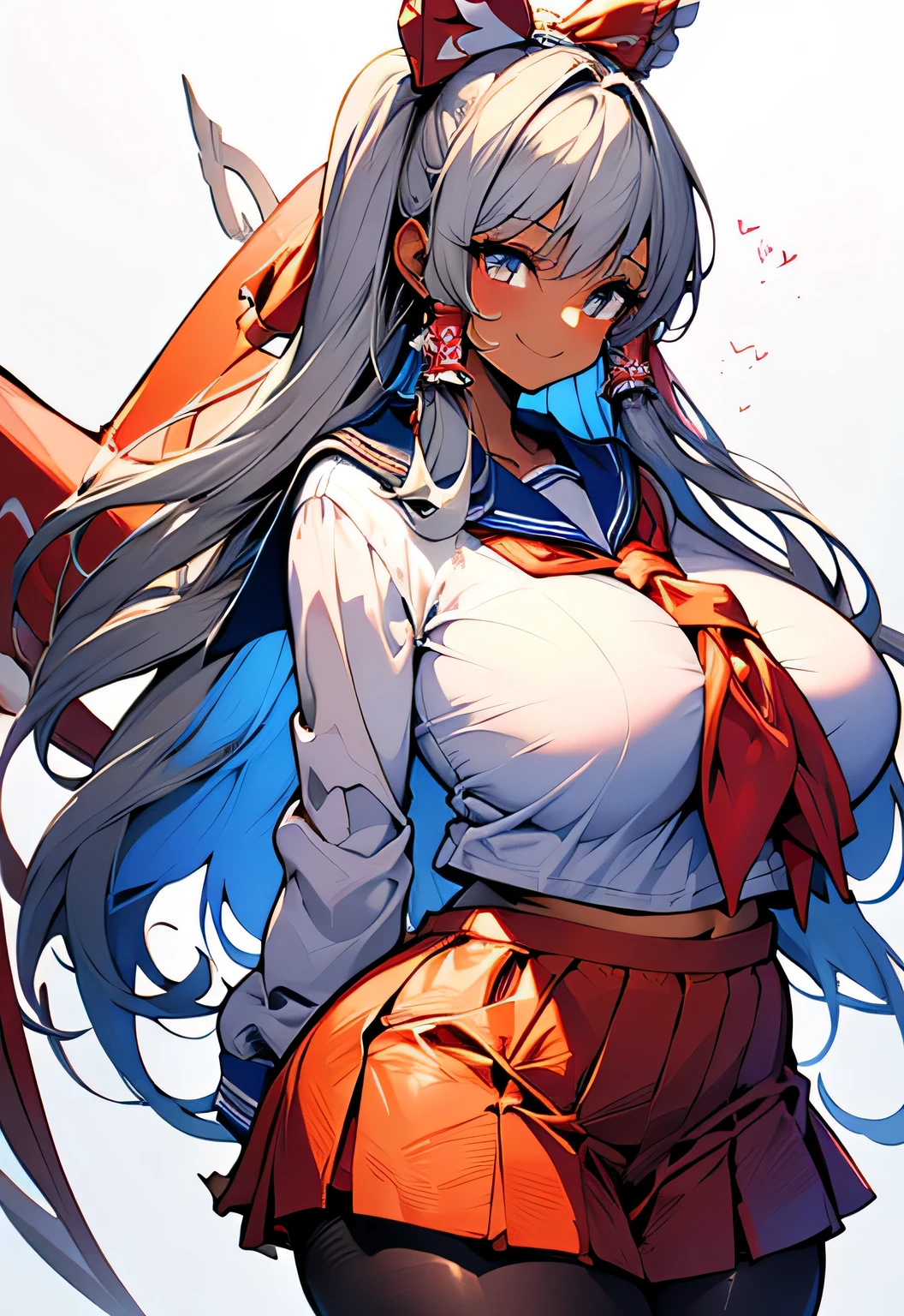 Erotic Anime Illustration、High resolution、Smiling dark-skinned plump high school girl、sailor suit、gray hair、perfect proportions、reimu hakurei、Overwhelming big breasts that go beyond common sense、thick legs with fat、cowboy shot