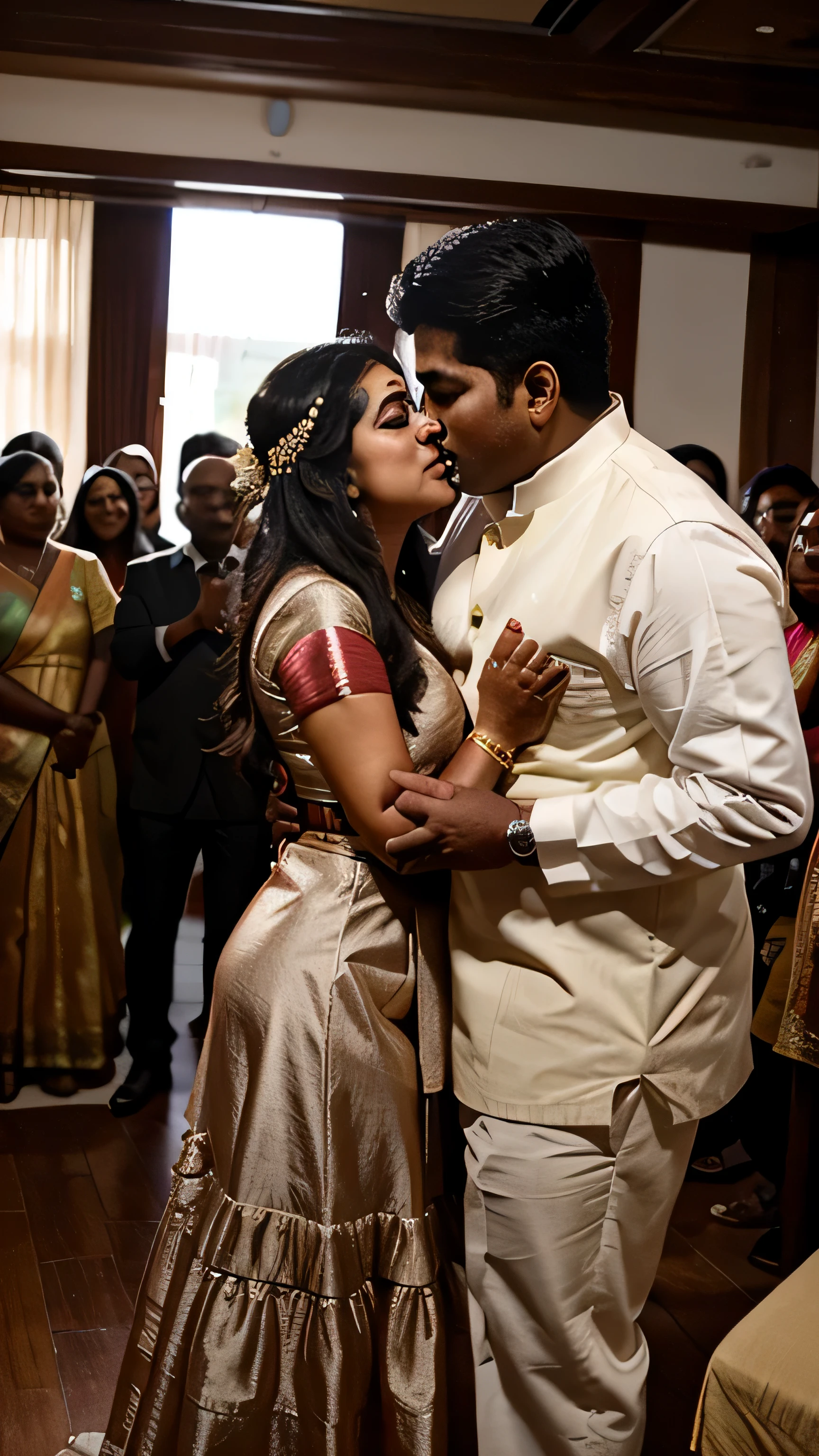 A 20 year old plus sized South Indian bride kissing and hugging a 70 year old groom, the crowd is cheering , full body image