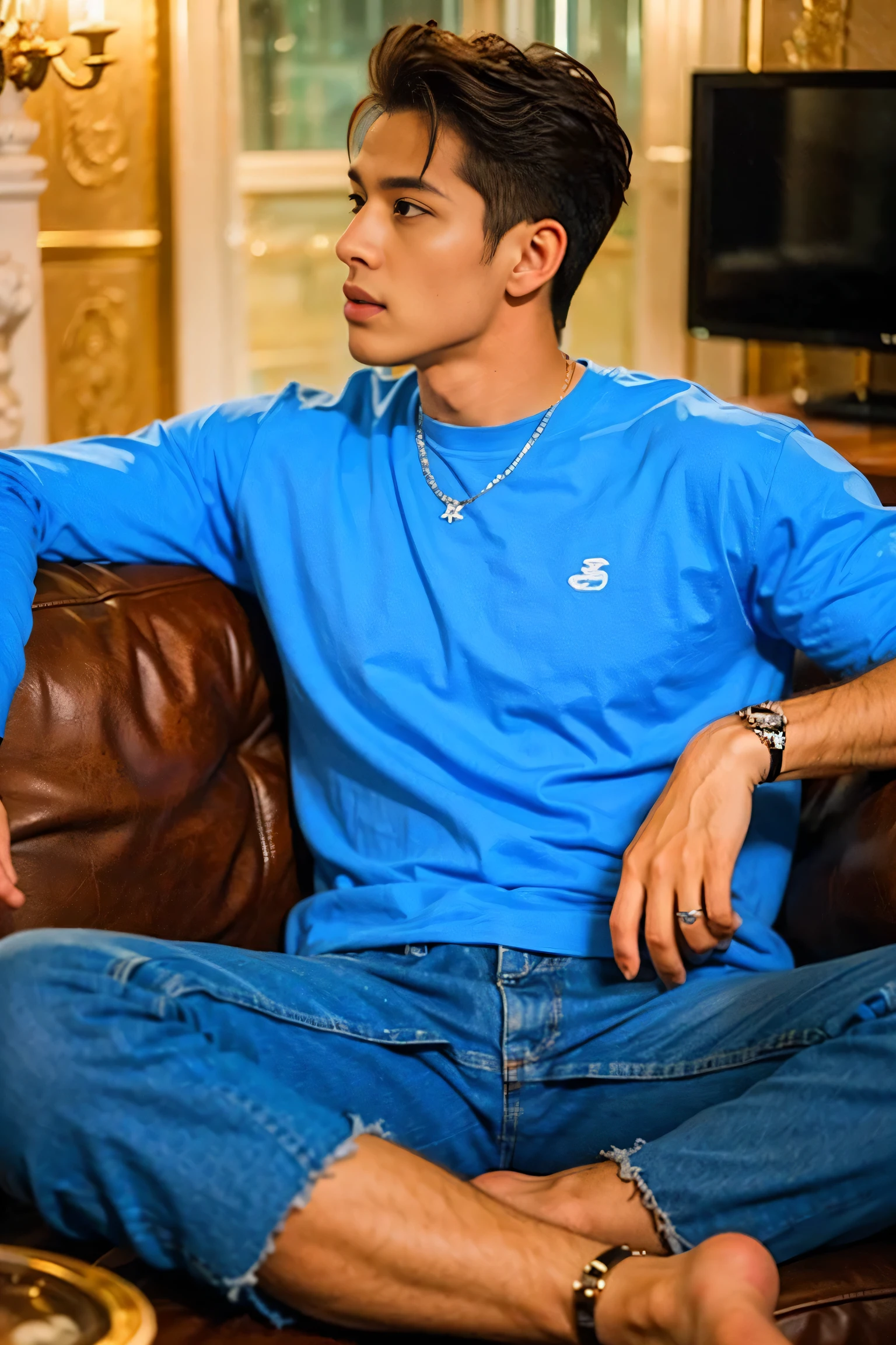 Realistic photography, handsome man ,Sit on the sofa , living room,Embossed