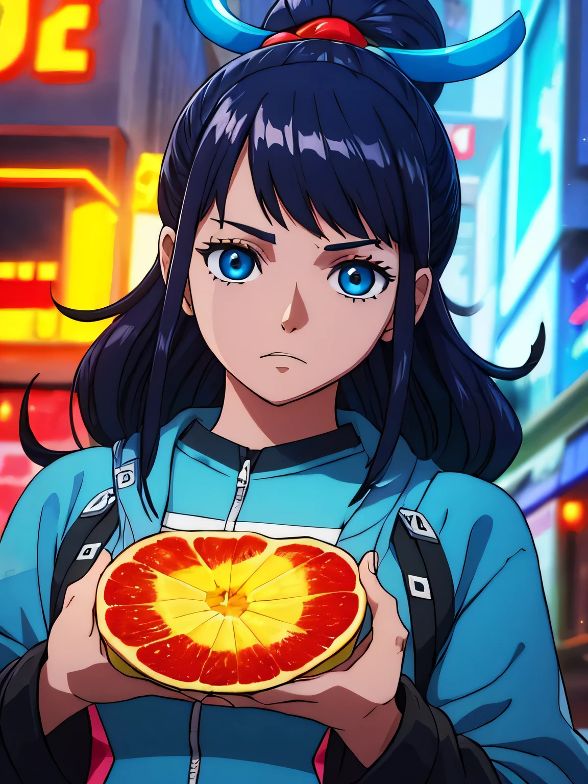 Naruto Uzumaki ciberpunk, 1 menino, cabelos amarelos, vestindo uma jaqueta laranja e pijama laranja, faixa azul, olhos detalhados azul celeste, Figura 8k, octanagem renderizada, Melhor qualidade, UHD resolution