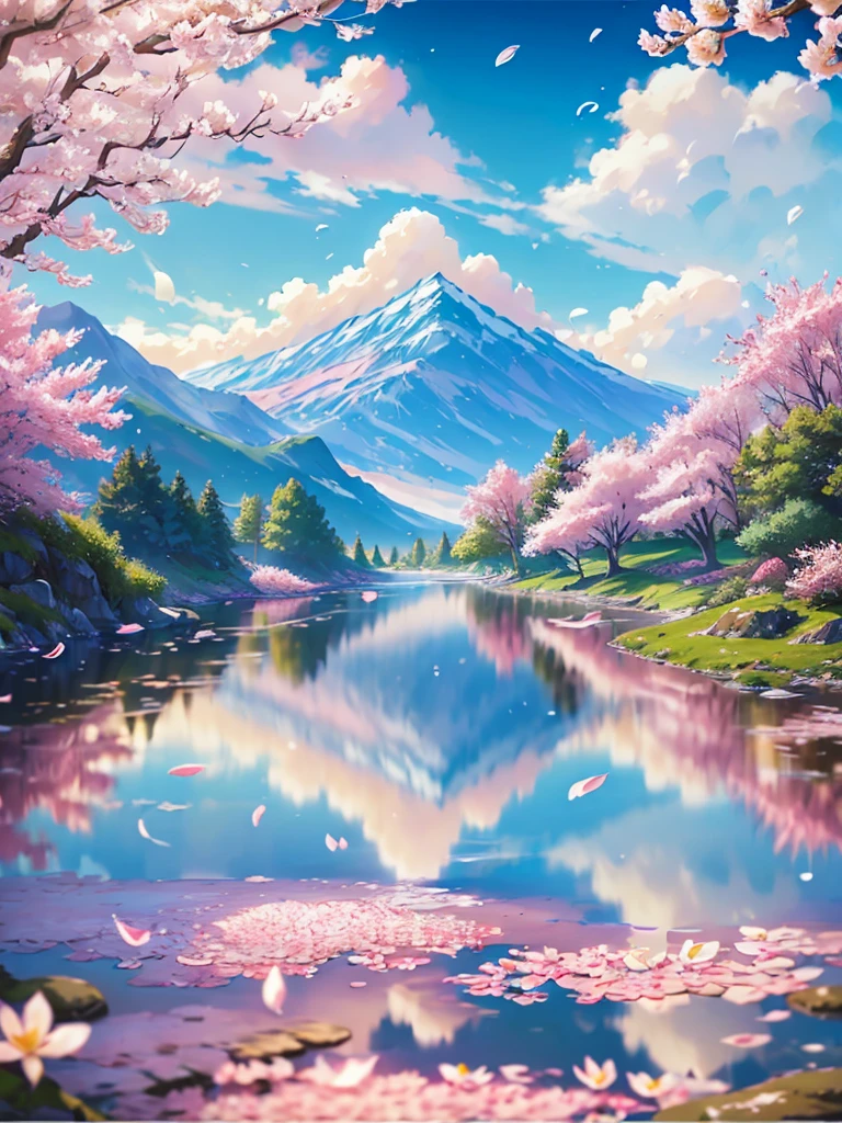 best quality,4k,8k,highres,masterpiece:1.2,ultra-detailed,realistic:1.37,spring scenery and girl reflected on the lake surface,beautiful detailed eyes,beautiful detailed lips,extremely detailed eyes and face,long eyelashes,greenery, vibrant flowers,gentle sunlight,serene atmosphere,mild breeze,splashing water droplets,floating cherry blossom petals,soft ripples on the lake,flowing water,sparkling reflections,tranquil morning,majestic mountains in the background,immaculate blue sky,peaceful lakeside,colourful spring dress,flowing hair,tactile grass texture,photorealistic landscape,painting-like quality,soft pastel colors,picturesque view,harmonious composition,subtle lighting,peaceful ambiance,serene expression,reflective mood