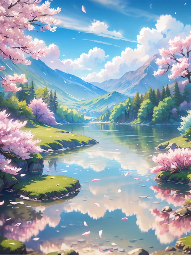 best quality,4k,8k,highres,masterpiece:1.2,ultra-detailed,realistic:1.37,spring scenery and girl reflected on the lake surface,beautiful detailed eyes,beautiful detailed lips,extremely detailed eyes and face,long eyelashes,greenery, vibrant flowers,gentle sunlight,serene atmosphere,mild breeze,splashing water droplets,floating cherry blossom petals,soft ripples on the lake,flowing water,sparkling reflections,tranquil morning,majestic mountains in the background,immaculate blue sky,peaceful lakeside,colourful spring dress,flowing hair,tactile grass texture,photorealistic landscape,painting-like quality,soft pastel colors,picturesque view,harmonious composition,subtle lighting,peaceful ambiance,serene expression,reflective mood