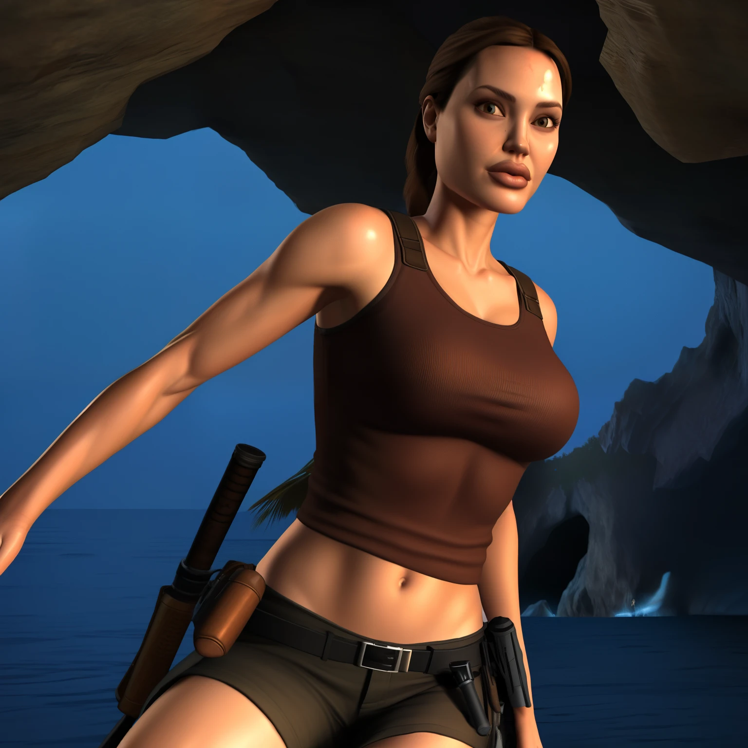 1girl, Angelina Jolie, (lara croft:1.1), (tomb raider:1.1), muscular female, large breasts, perfect eyes, brown eyes, taut clothes, solo, muscular, huge breasts, realistic, photorealistic, graphic novel, impossible clothes, (cave:1.4), wet, wet clothes, shiny skin, adventurer, (dark:1.2), (darkness:1.2), (see-through:1.2), (night:1.3), thigh strap, shorts, (green tank top:0.6), thick lips, full lips, big lips, realistic, (photorealistic:1.1), (lineart:0.8)