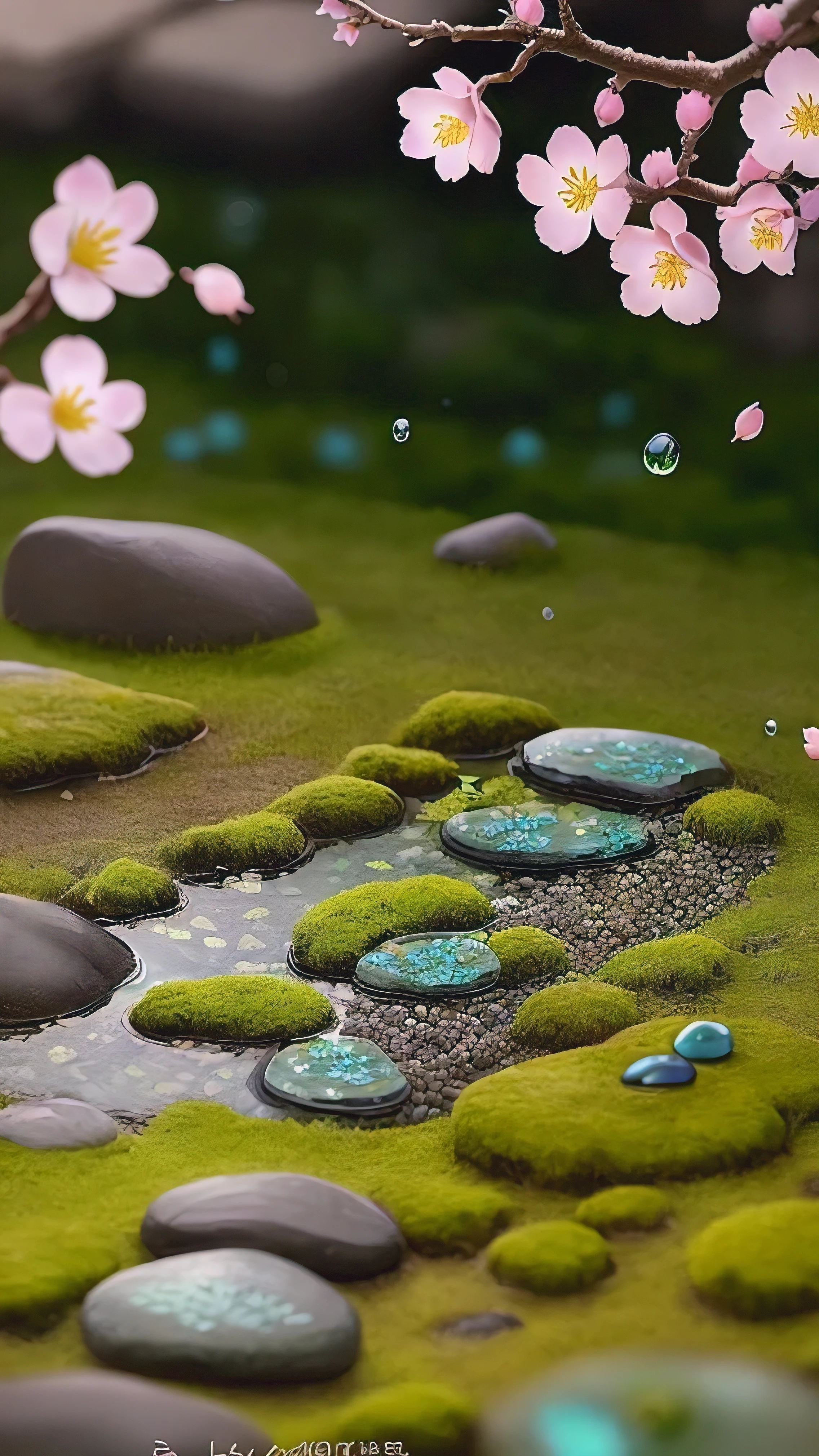 Mossy feet on stones in green valley,A plum blossom,petals huge,honey green blue,Pink,There are dewdrops on the petals,HD quality,Real shot。
