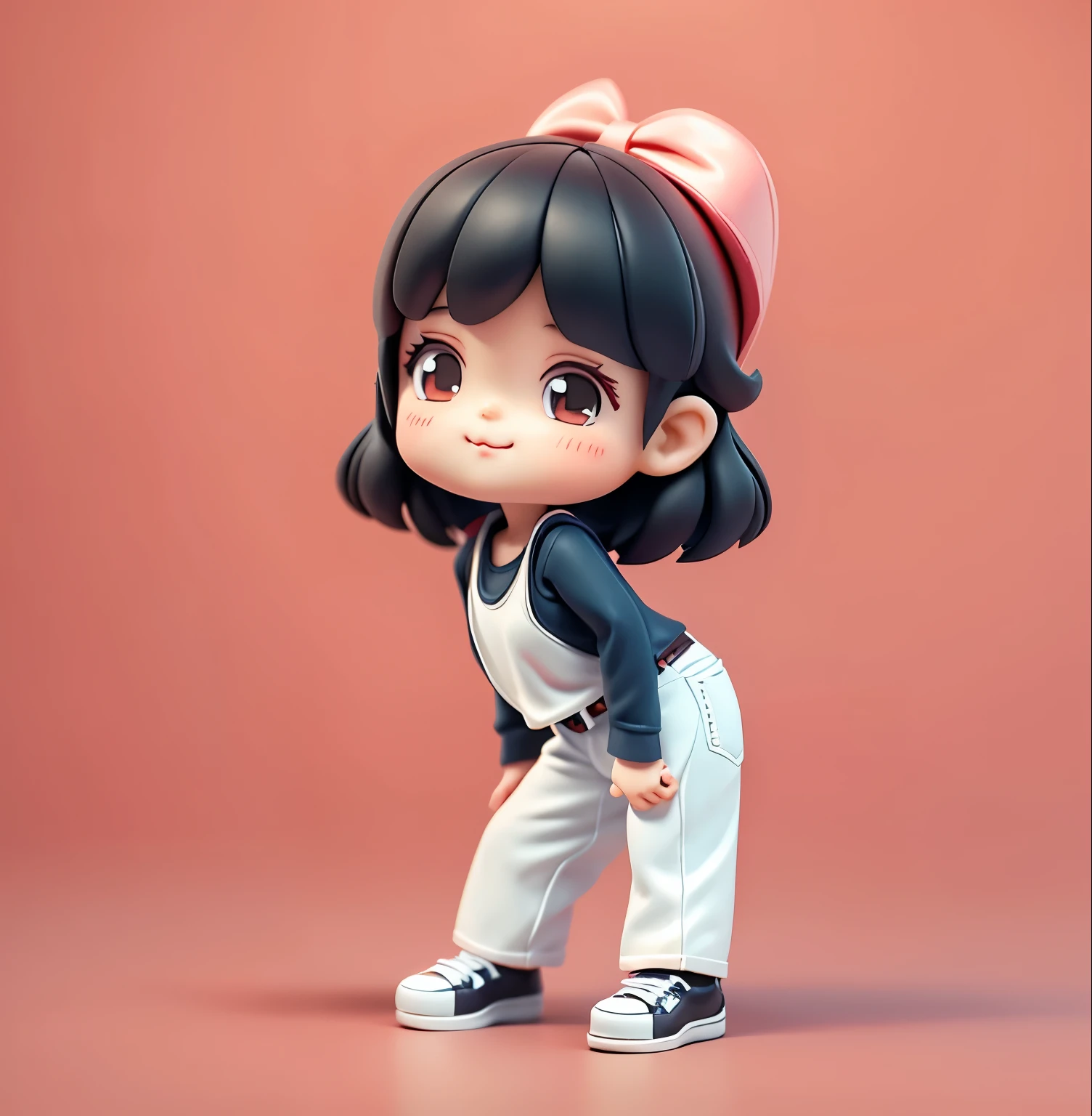 Blind box toy style,a cute little girl,cute face,black hair,white undershirt,jeans,flat shoes