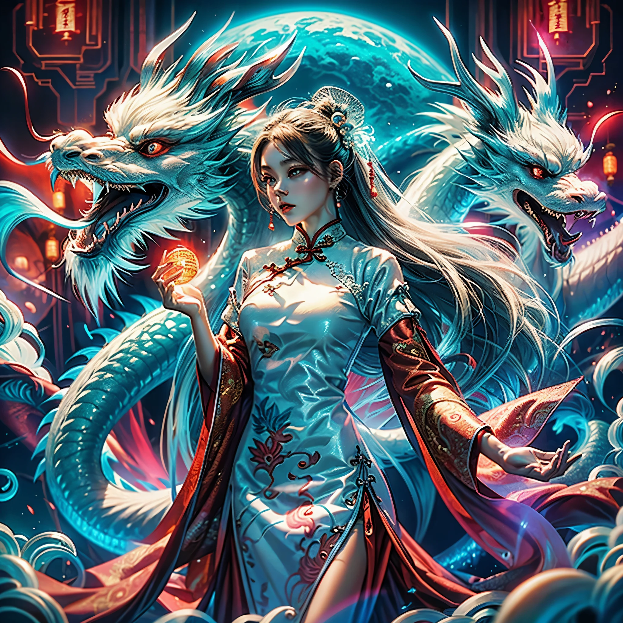 white holographic dragon, 1girl(Red cheongsam:1.5)
A shot with tension(sky glows red,Visual impact,giving the poster a dynamic and visually striking appearance:1.2),Chinese Zen style,impactful picture,