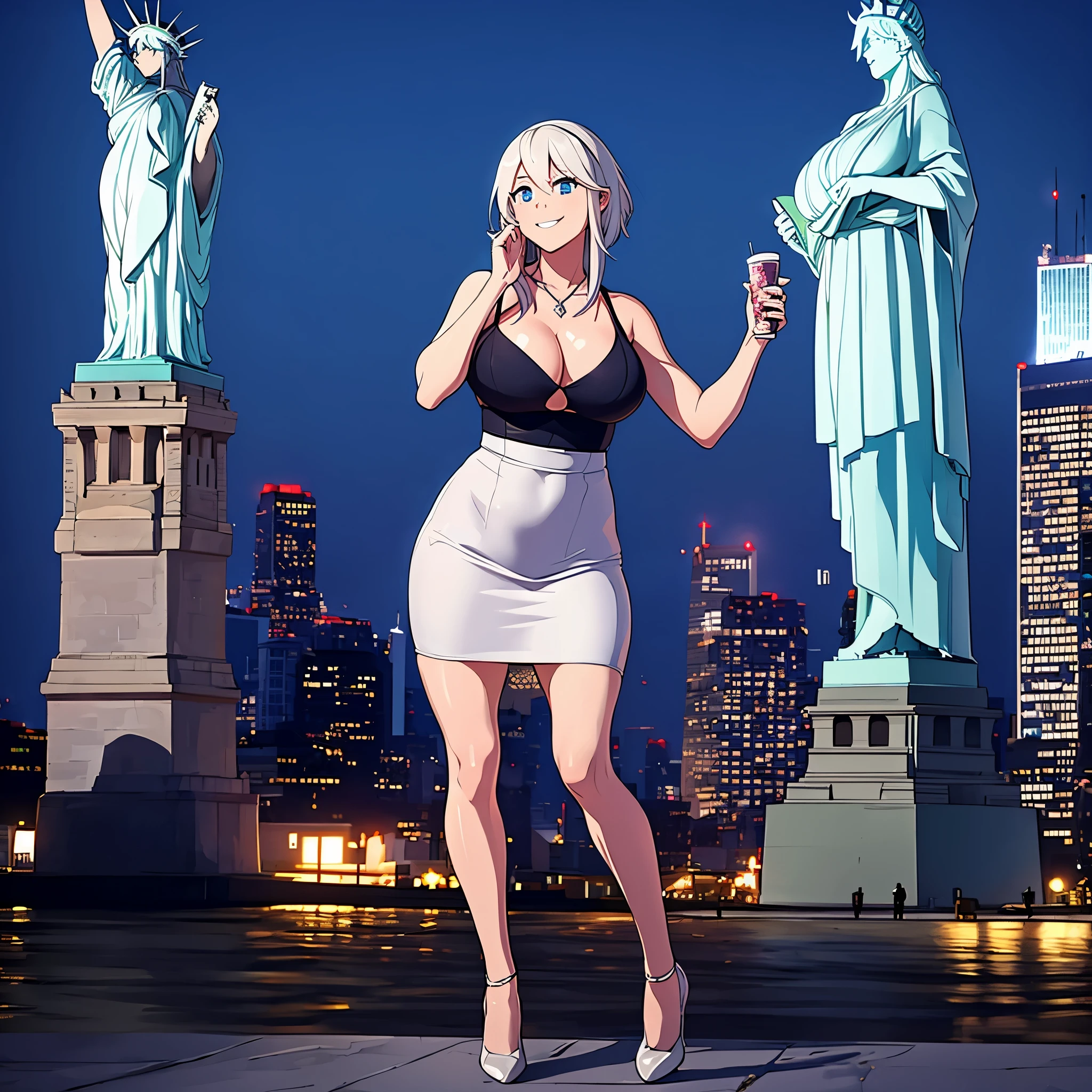 A woman near the Statue of Liberty in the United States, casual clothes, silver hair, blue eyes, big breasts, the night, a big city in the background, smiling, high resolution, work of art.
