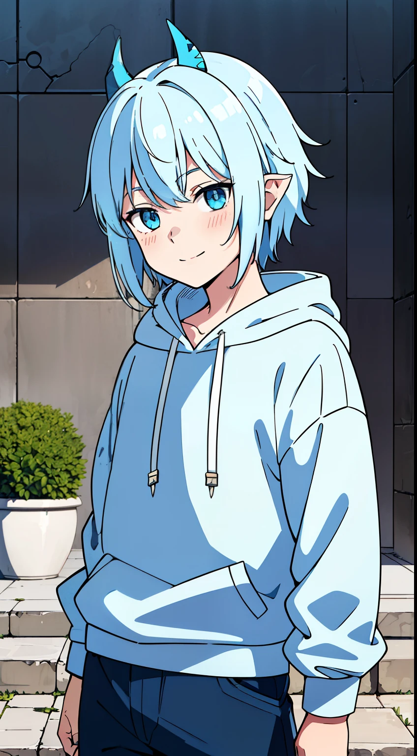 (high-quality, breathtaking),(expressive eyes, perfect face, 1boy, male, solo, age 13, kid age, feminine face, light blue color hair, light blue eye color, spiky fluffy hair, short hair length, cute smile, 4" Height, cute face, childlike face, modern clothing, blue and white hoodie, black shirt, blue shorts, decals on clothing, accessories, dragon, dragon boy, small horns, Symmetrical Eyes, portrait, headshot, positive expression, background school courtyard, fantasy dragon horns, au ra inspired, au ra horns, dragon scales, glowing white color horns with cyan blue lines, wide shot
