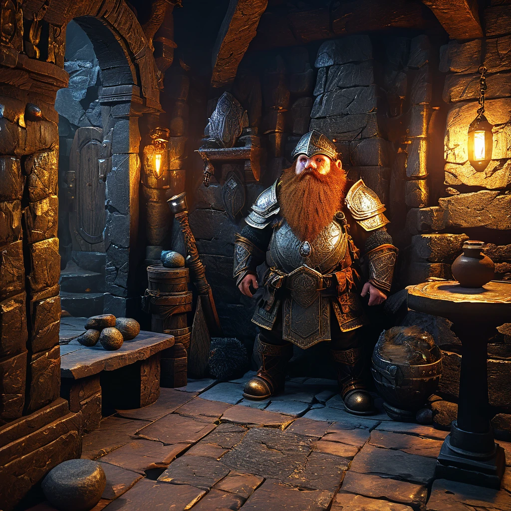 (best quality,4k,highres,masterpiece:1.2),ultra-detailed,realistic:1.37,a dwarven adventurer,big beard,chain armor,bloody axe,staring,gold mirror,reflection,king,greed,dungeon hoard,treasure room,dark and dimly lit room,sparkling gold coins,glittering gemstones,ancient artifacts,mysterious atmosphere,heavy iron bars,creepy shadows,twisting corridors,whispering voices,riches beyond imagination,enchanted treasures,dripping water,echoing footsteps,battle scars,fire-lit braziers,secret passages,hidden traps,guarded by fearsome creatures (Be sure to render the dwarf enthralled by his reflection, focus on the dwarf and reflection)