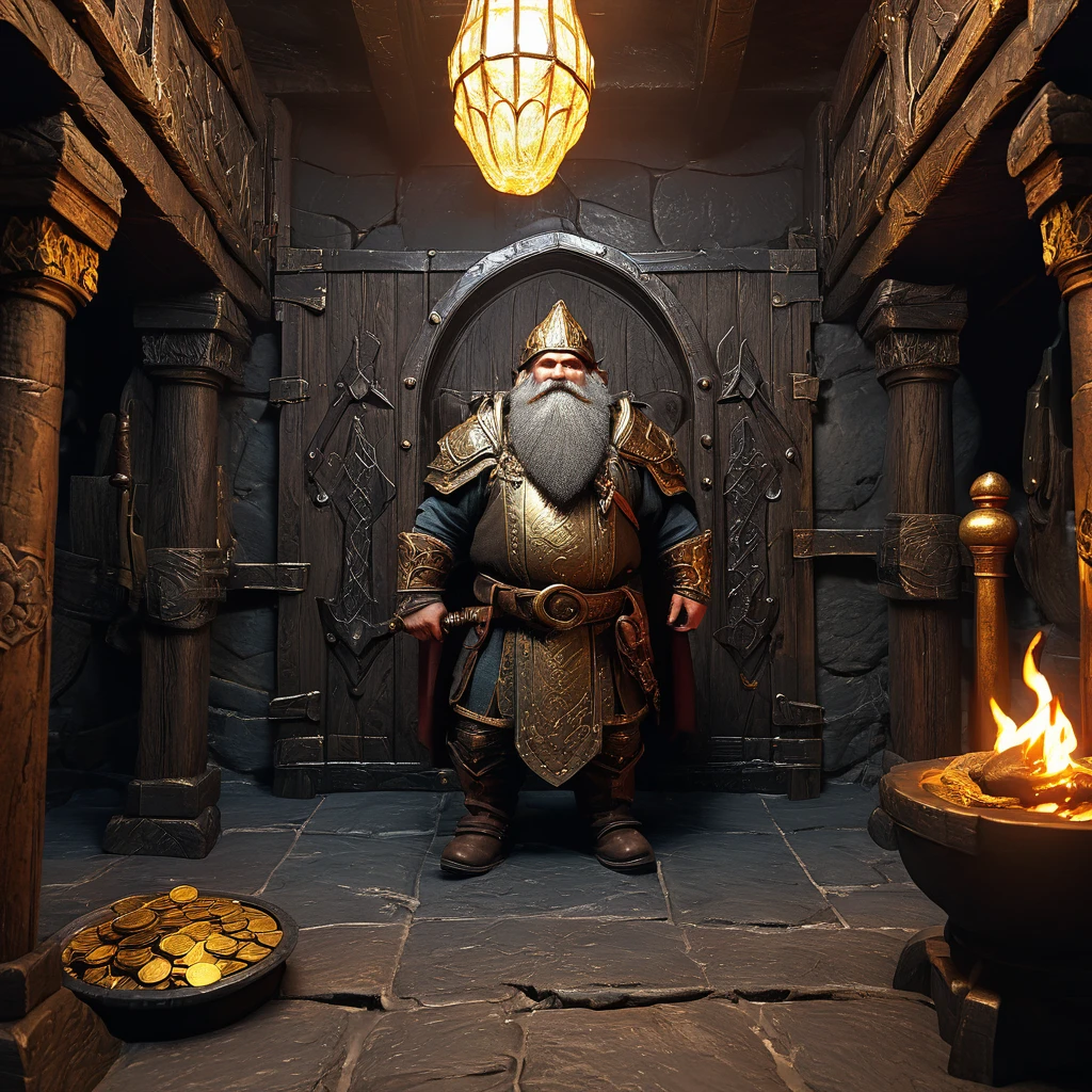 (best quality,4k,highres,masterpiece:1.2),ultra-detailed,realistic:1.37,a dwarven adventurer,big beard,chain armor,bloody axe,staring,gold mirror,reflection,king,greed,dungeon hoard,treasure room,dark and dimly lit room,sparkling gold coins,glittering gemstones,ancient artifacts,mysterious atmosphere,heavy iron bars,creepy shadows,twisting corridors,whispering voices,riches beyond imagination,enchanted treasures,dripping water,echoing footsteps,battle scars,fire-lit braziers,secret passages,hidden traps,guarded by fearsome creatures (Be sure to render the dwarf enthralled by his reflection, focus on the dwarf and reflection)
