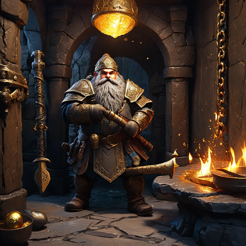 (best quality,4k,highres,masterpiece:1.2),ultra-detailed,realistic:1.37,a dwarven adventurer,big beard,chain armor,bloody axe,staring,gold mirror,reflection,king,greed,dungeon hoard,treasure room,dark and dimly lit room,sparkling gold coins,glittering gemstones,ancient artifacts,mysterious atmosphere,heavy iron bars,creepy shadows,twisting corridors,whispering voices,riches beyond imagination,enchanted treasures,dripping water,echoing footsteps,battle scars,fire-lit braziers,secret passages,hidden traps,guarded by fearsome creatures (Be sure to render the dwarf enthralled by his reflection, focus on the dwarf and reflection)
