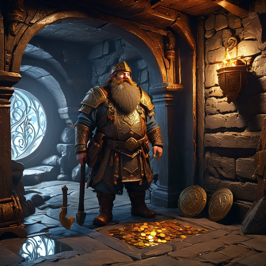 (best quality,4k,highres,masterpiece:1.2),ultra-detailed,realistic:1.37,a dwarven adventurer,big beard,chain armor,bloody axe,staring,gold mirror,reflection,king,greed,dungeon hoard,treasure room,dark and dimly lit room,sparkling gold coins,glittering gemstones,ancient artifacts,mysterious atmosphere,heavy iron bars,creepy shadows,twisting corridors,whispering voices,riches beyond imagination,enchanted treasures,dripping water,echoing footsteps,battle scars,fire-lit braziers,secret passages,hidden traps,guarded by fearsome creatures (Be sure to render the dwarf enthralled by his reflection, focus on the dwarf and reflection)