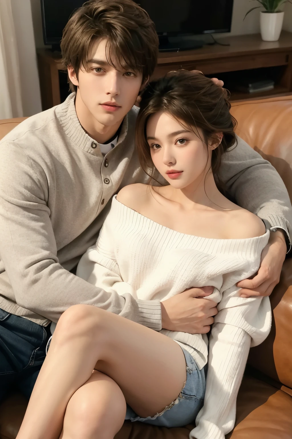 A handsome guy sitting on the sofa，There is a beautiful woman sitting on his lap，Home is lovely