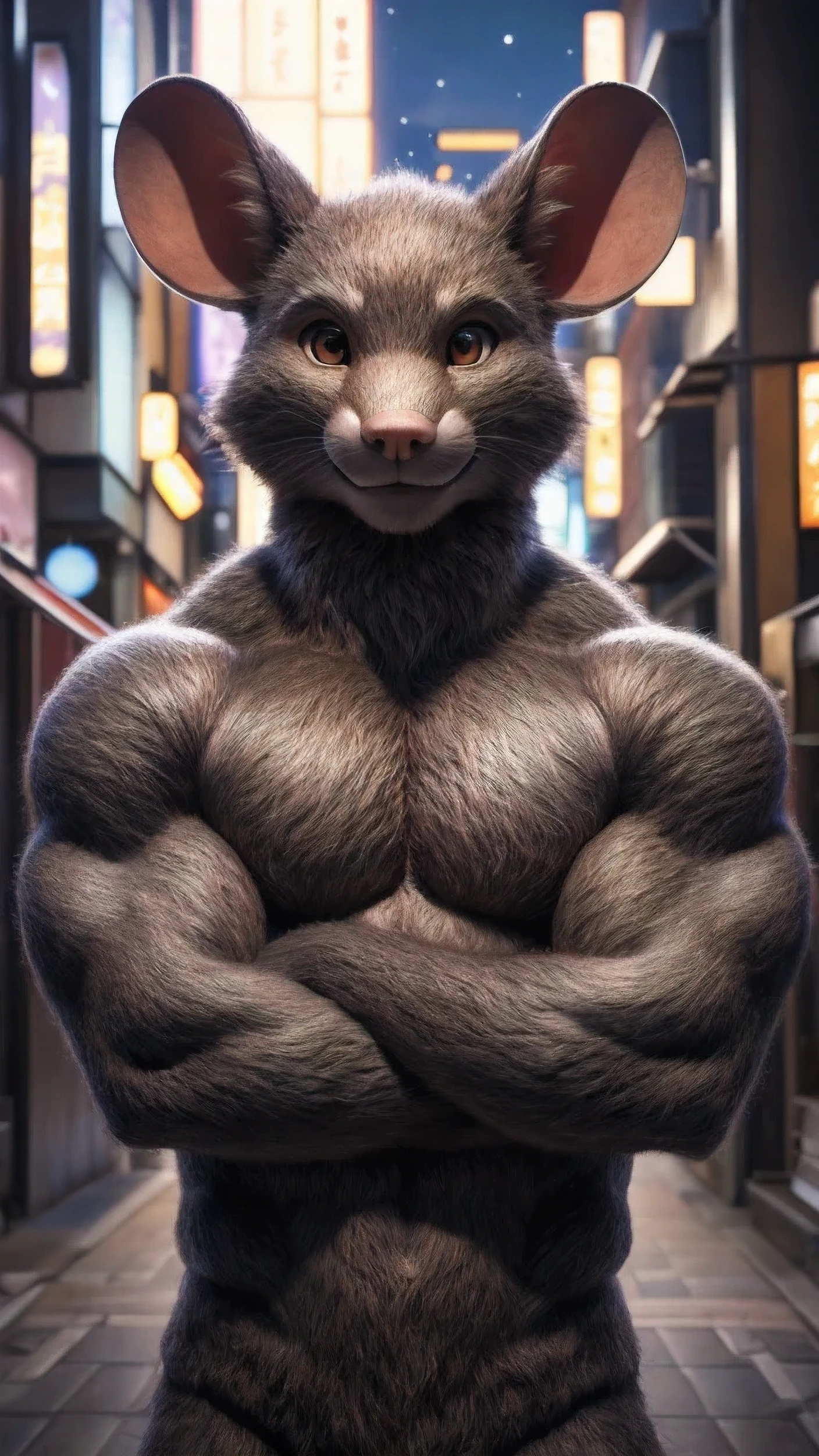 fur anthropo-mouse man muscular very inflated small nose on the street in Japan night moon arms crossed very dark brown eyes looking at the viewer Realistic fur Silver color slight smile from the waist up medium shot 3D cinematic style unique and original look