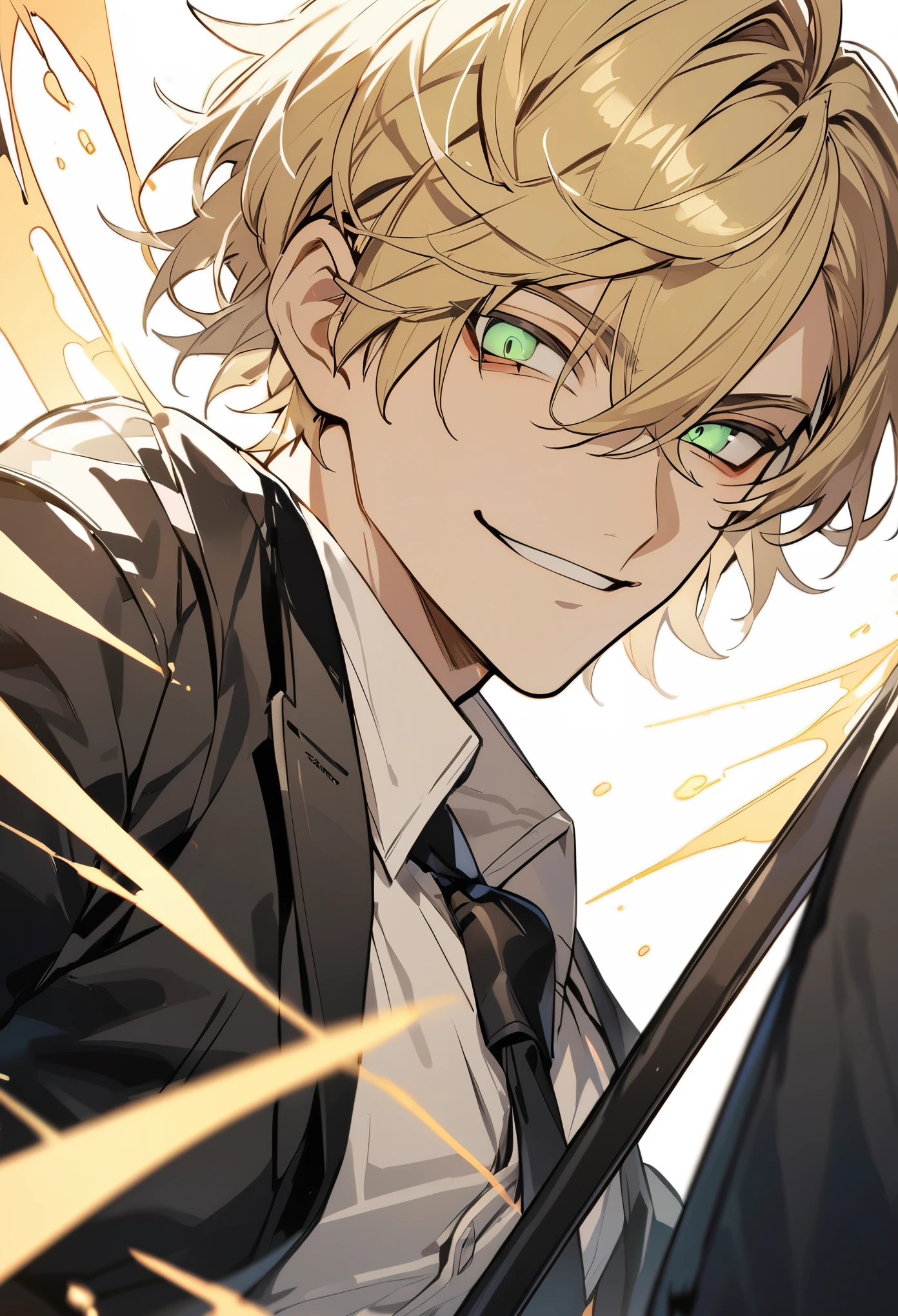 Handsome, 1 male, solo, short hair, with bangs, blonde hair, sharp eyes, green eyes, white shirt, black tie, black jacket, black pants, smile facial.