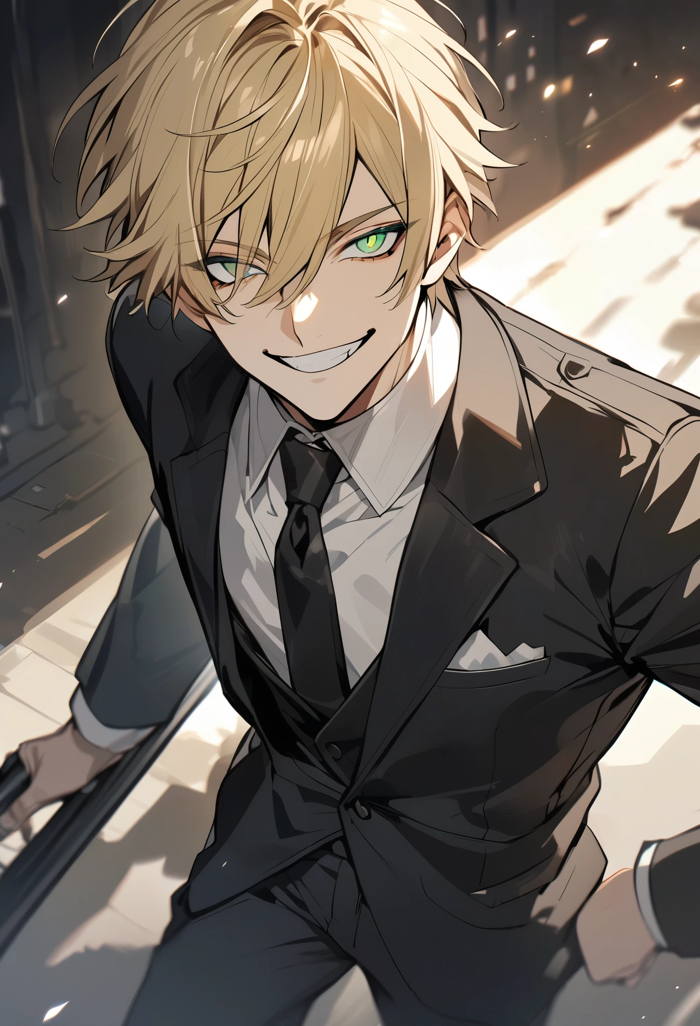 Handsome, 1 male, solo, short hair, with bangs, blonde hair, sharp eyes, green eyes, white shirt, black tie, black jacket, black pants, smile facial.