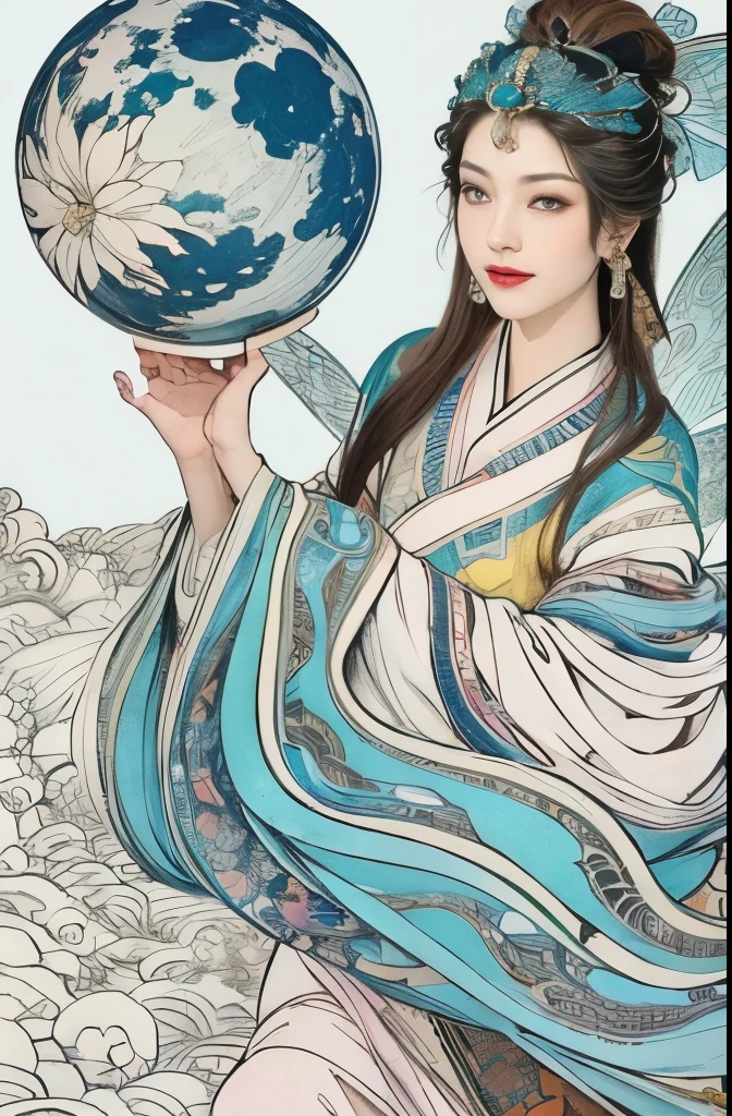 (masterpiece, top quality, best quality, official art, Beautiful and beautiful:1.2), (1 Chinese goddess,Chang'e fairy:1.5), Very detailed,(Dunhuang艺术:1.1),(Dunhuang,colorful:1.1)(flowers:1.3),most detailed,(Zentangle:1.2), (Dynamic flight attitude,Foot on the white clouds), (blue sky, White clouds and bright moon background:1.3), (Chinese traditional Hanfu fabric:1.2), (shiny skin), (Many colors:1.4), ,(earrings:1.4),