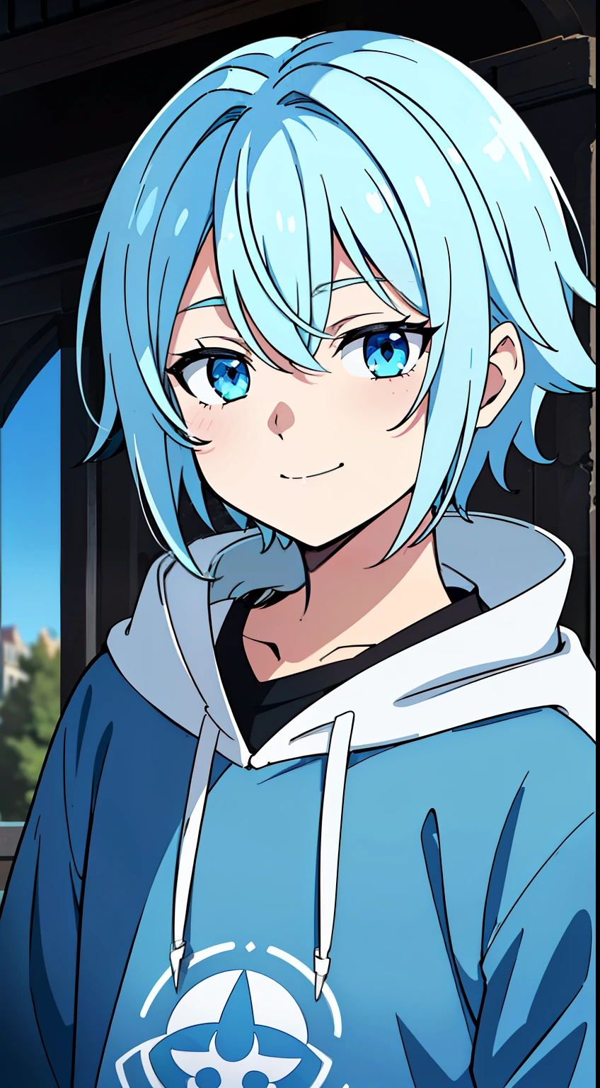 (high-quality, breathtaking),(expressive eyes, perfect face, 1boy, male, solo, , feminine face, light blue color hair, light blue eye color, spiky fluffy hair, short hair length, cute smile, 4" Height, cute face, childlike face, modern clothing, blue and white hoodie, black shirt, blue shorts, decals on clothing, accessories, dragon, dragon boy, small horns, Symmetrical Eyes, portrait, headshot, positive expression, background school courtyard, fantasy dragon horns, au ra inspired, au ra horns, dragon scales, glowing white color horns with cyan blue lines, wide shot
