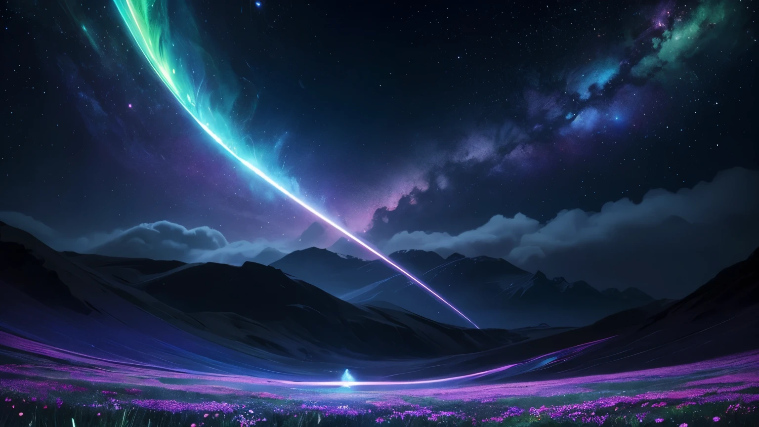 In a mesmerizing digital painting, A lare space and below there is a meadow and flowers emerges, radiating vibrant bioluminescent hues against the dark expanse of space. Its otherworldly form is a symphony of iridescent colors, with scales that shimmer like precious gems and intricate patterns that seem to dance with life. Luminescent tendrils extend from its body, illuminating its surroundings with an ethereal glow. showcasing its celestial beauty in stunning high-definition.