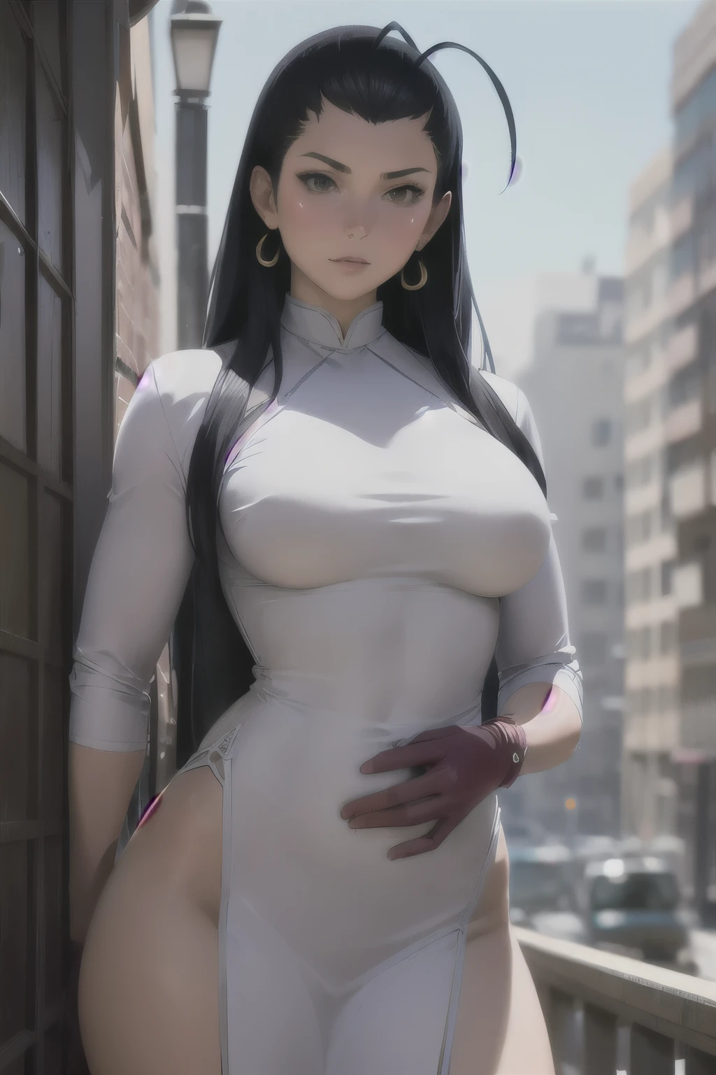 1girl,18yo,perfect hands, perfect finger,perfect anatomy, masterpiece, best quality,realistic, hyperrealistic, 16k hdr,kokouen_wz, black hair, long hair,antenna hair, fingerless gloves, brown gloves, see through chinese clothes, china dress, white dress, ahoge, hair slicked back, magatama earrings, dress, modeling,outdoor,large breasts,sexy pose