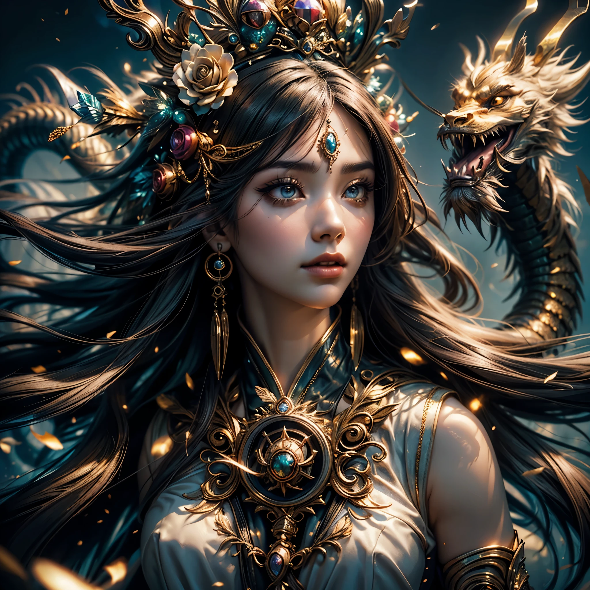 (masterpiece,k hd,hyper HD,16k)Long flowing black hair,Gold jewelry area in the back room,Smoke ring girl ,Bronze Dragon Protector (realisticlying:1.4),Python pattern robe,Purple-pink tiara,Snowflakes fluttering,The background is pure,Hold your head high,Be proud,The nostrils look at people, A high resolution, the detail, RAW photogr, Sharp Re, Nikon D850 Film Stock Photo by Jefferies Lee 4 Kodak Portra 400 Camera F1.6 shots, Rich colors, ultra-realistic vivid textures, Dramatic lighting, Unreal Engine Art Station Trend, cinestir 800,Hold your head high,Be proud,The nostrils look at people