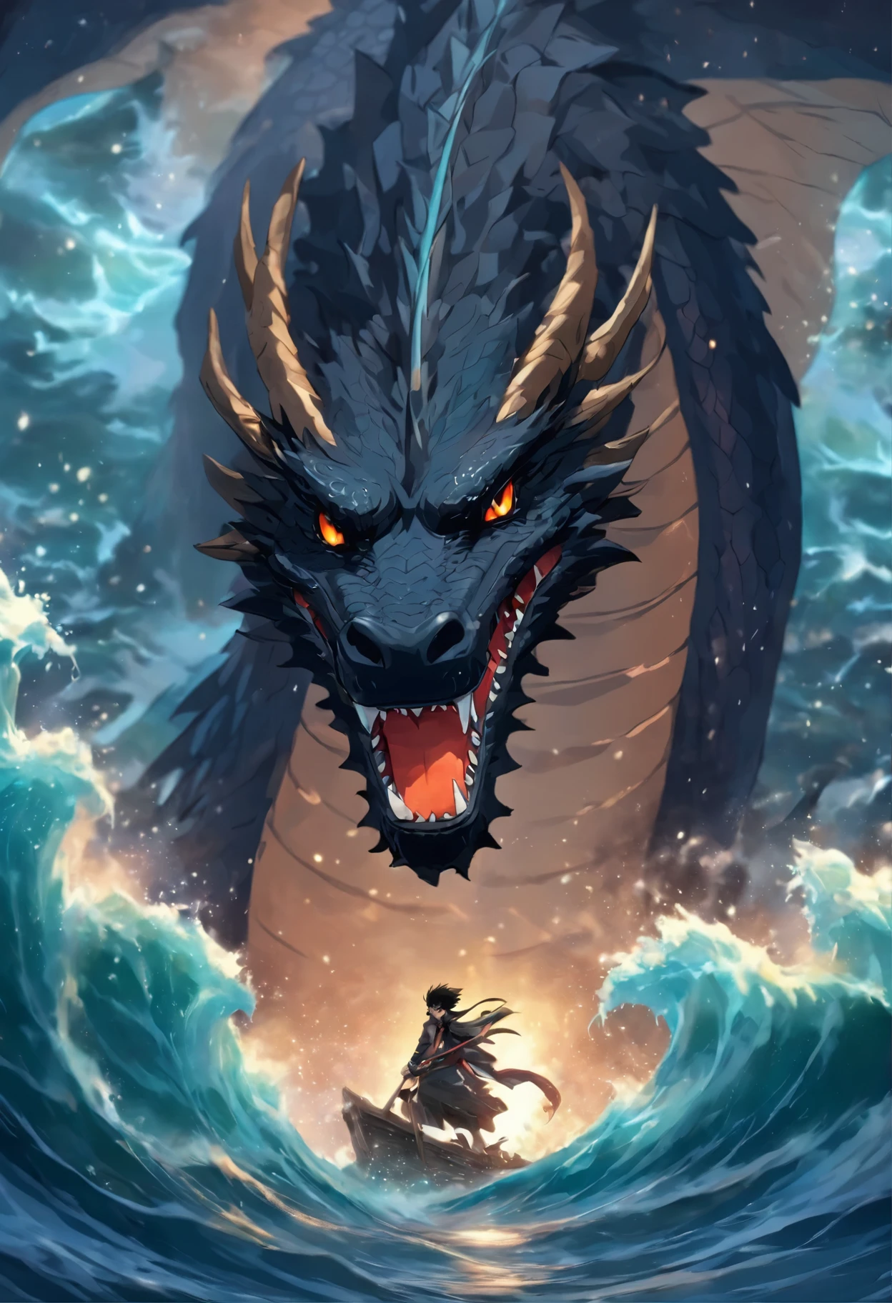 a painting of a black dragon swimming in the ocean at night during a storm, sea serpent, serpentine water monster, scylla and charybdis, water dragon, river otter dragon, sea monster, dragon vore art, by Patrick Brown, scary sea monster, by Howard Lyon, amazing d & d art, sea dragon, quetzalcoatl