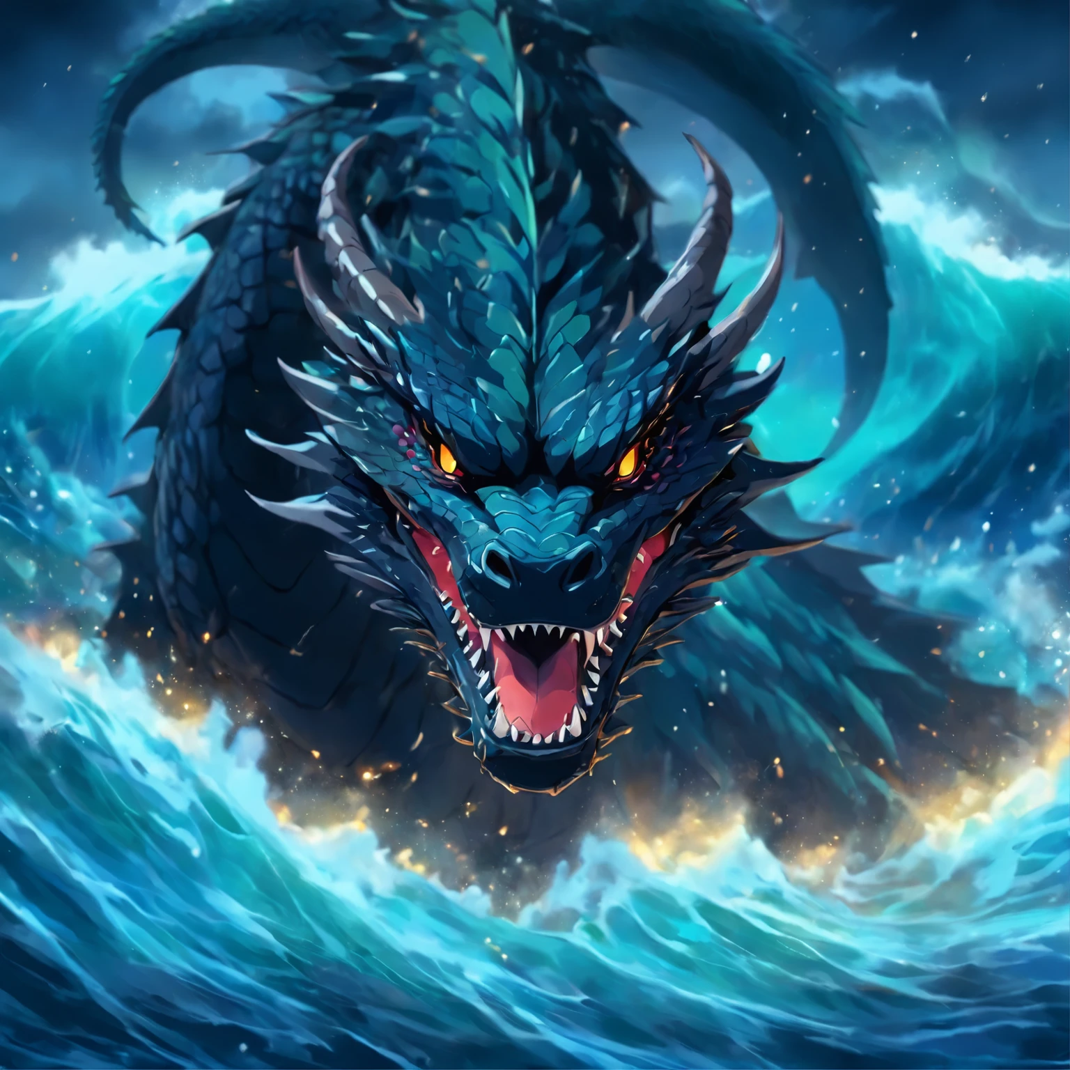 a painting of a black dragon swimming in the ocean at night during a storm, sea serpent, serpentine water monster, scylla and charybdis, water dragon, river otter dragon, sea monster, dragon vore art, by Patrick Brown, scary sea monster, by Howard Lyon, amazing d & d art, sea dragon, quetzalcoatl

