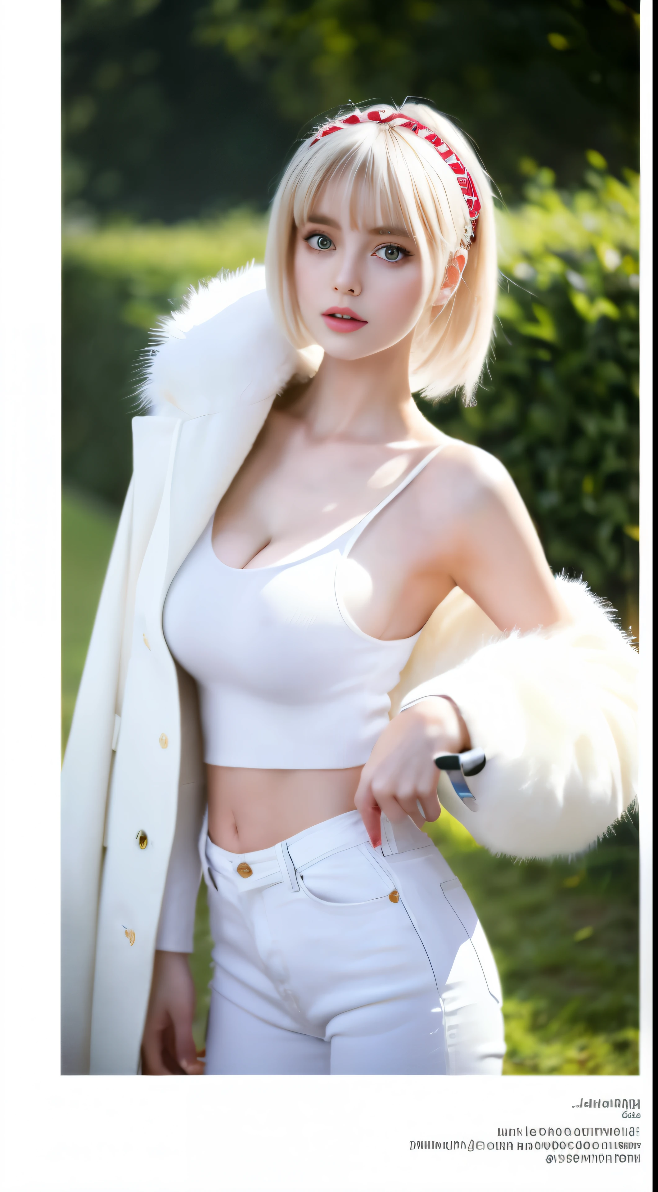 A human and anthropomorphic beauty、white fur and correct proportions、A top-quality 4K masterpiece with correct anatomy。white wool clothes、white jacket、This work of art is worn with jeans.、have beautiful breasts、Represents a hidden full sona。The background is simple and pristine white.、eyes have green pupils、Emphasizes her cute girly appearance。