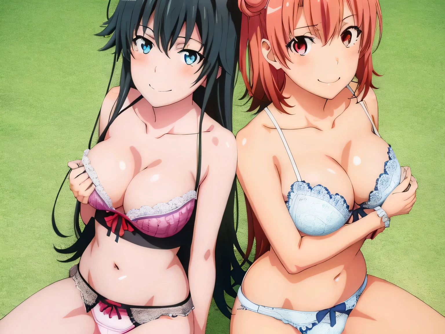 2 girls , Yukinoshita Yukino , yuigahama yui'bust and thighs are great,In underwear,squat forward,they have their hands behind their backs,silk good,belly button,light pink panties,white lace panties,thighs,knee calf,hold the calf with both hands,raise your legs,((high angle)),(beautiful eyes),open your mouth,smile,Insert your head