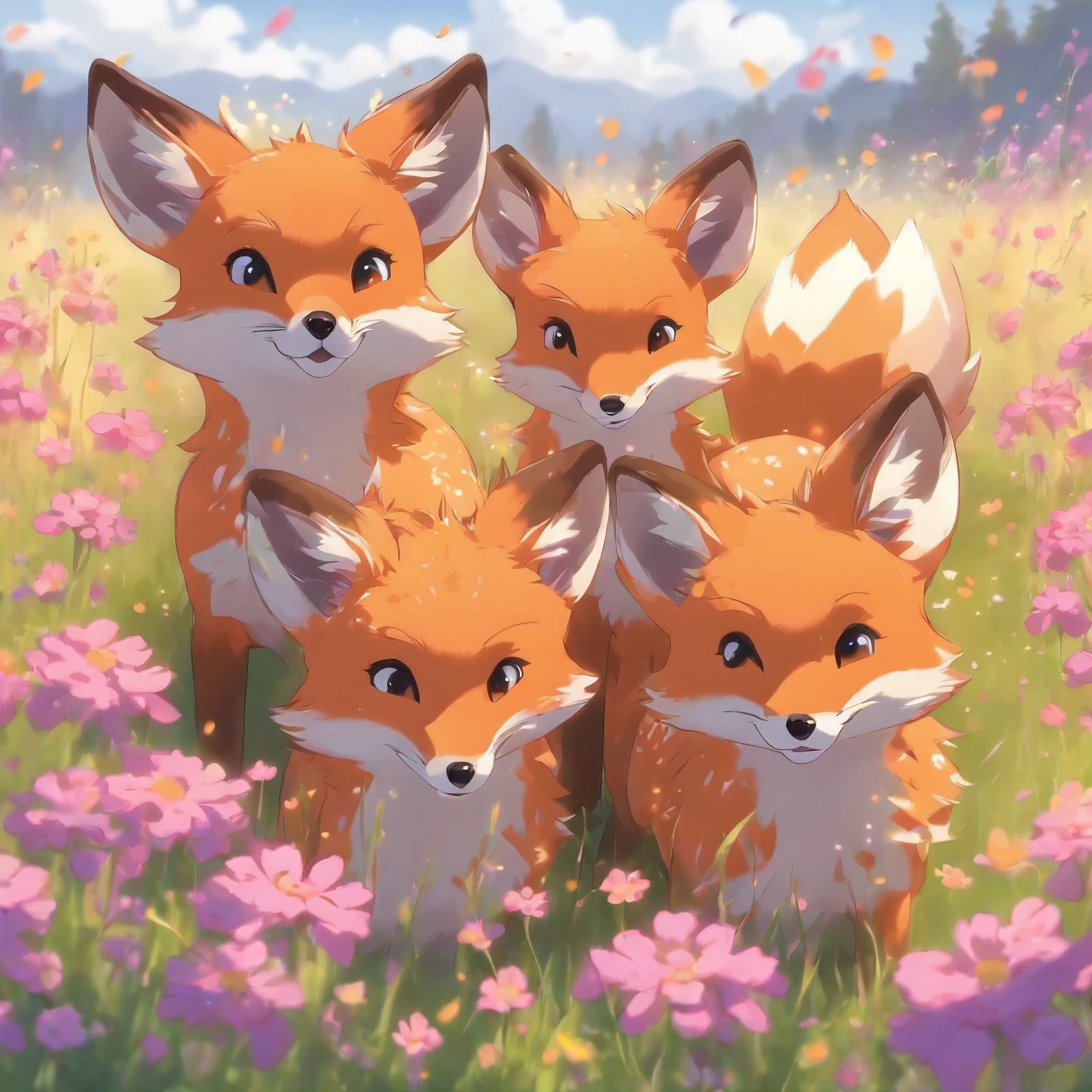 three foxes are walking through a field of purple flowers, a pastel by Shiba Kōkan, reddit, fine art, foxes, playing with foxes, foxes playing in a meadow, swarming in flowers, beautiful”, incredibly cute, beautiful!!!!!!!!!, beautiful nature, beautiful!!!!!!!!!!!!, adorable appearance!!!, wow it is beautiful, pink fox, foxes and deer