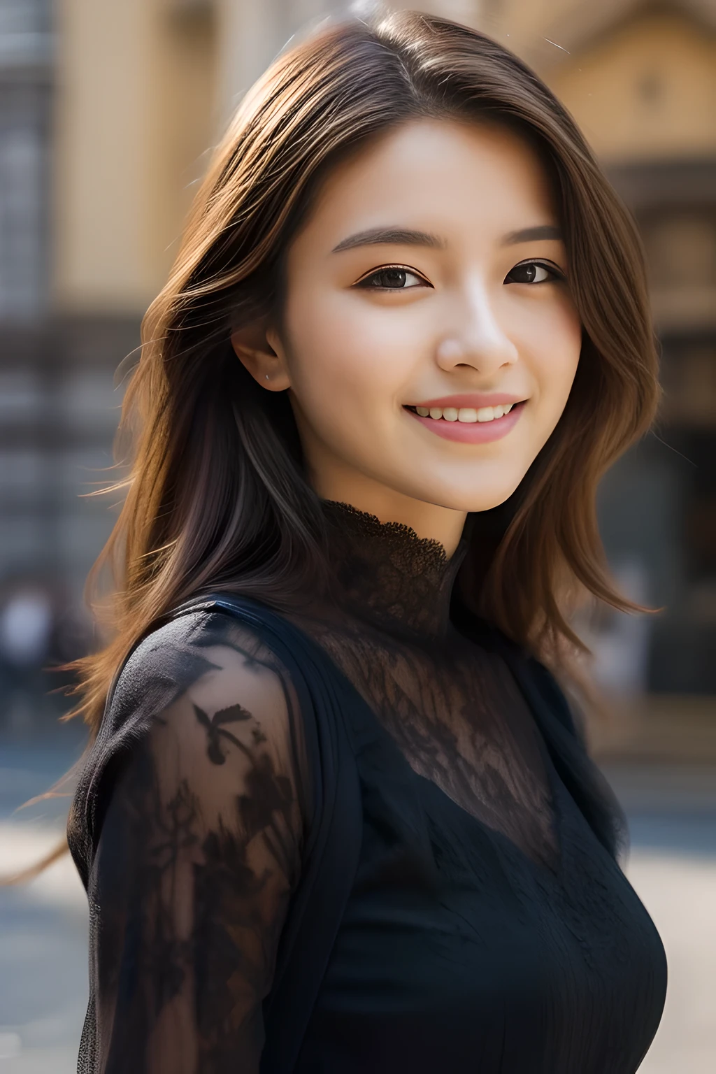 Ulchan-6500-v1.1,(masterpiece, highest quality:1.3), (Ultra-detailed 8K:1.2), (hyperrealistic:1.35),(Raw photo:1.2),highest quality, High resolution, wallpaper, realistic, ,Render with ArtStation, Trending on CGsociety, sharp focus, (dramatic, Realistic Painting Art by Midjourney:1.3) break (japanese woman:1.3), 18-year-old, (bewitching smile:1.3), action, gravure, sexy, super beautiful, beautiful skin, beautiful and detailed eyes, detailed face, slim, moderately, clean long hair, brunette hair, dark brown eyes, look at the camera, (full shot:1.3),(lace dress, Fabric texture details:1.3) break bright lighting, professional lighting, face light, smooth lighting, (Florence cityscape lined with Gothic architecture:1.3)