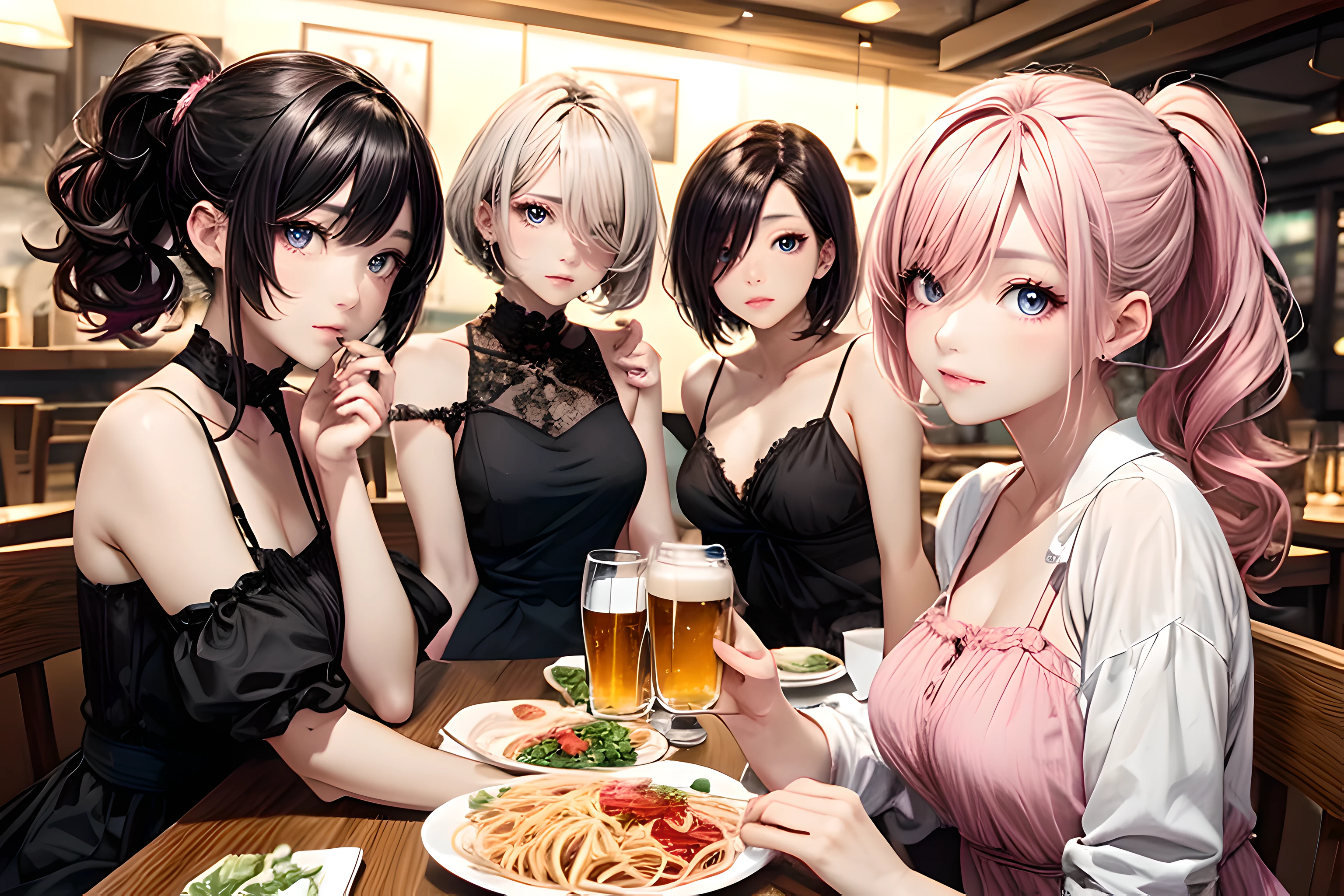 ((masterpiece)), (best quality half body), packs of female with her couple of friends holding a bottle of beer, they are cheers, sitting in a row, (long_ponytail wavy tip pink color haircut with hair over one eye:1.3), silver color straight hair, brown color bob haircut, detailed beautiful eyes, detailed gorgeous face, perfect anatomy, dynamic pose, intricate details, wearing spaghetti-strap black dress, surrounded by friends, in a restaurant, PIXIV, krenz cushart,
anime,
