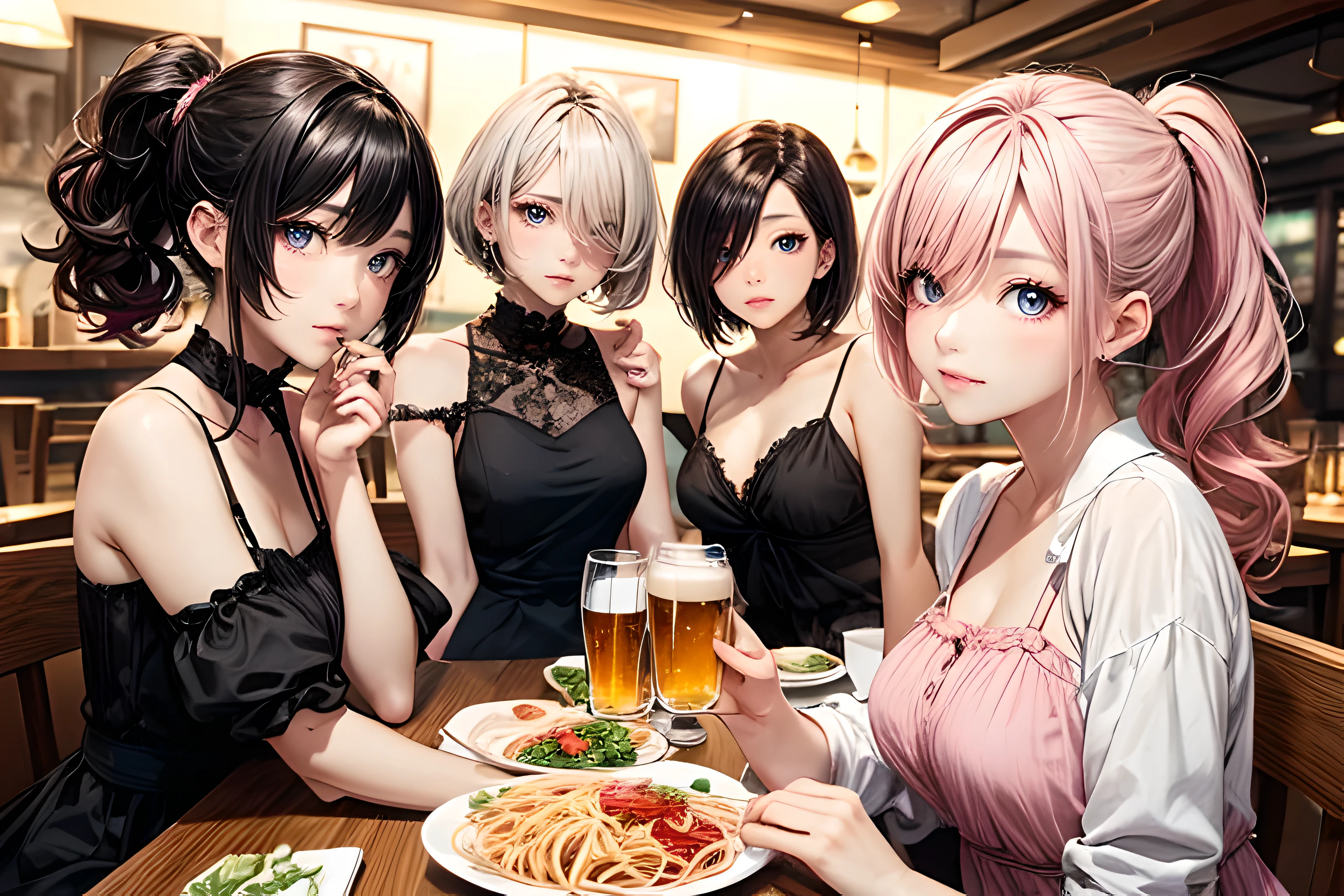 ((masterpiece)), (best quality half body), packs of female with her couple of friends holding a bottle of beer, they are cheers, sitting in a row, (long_ponytail wavy tip pink color haircut with hair over one eye:1.3), silver color straight hair, brown color bob haircut, detailed beautiful eyes, detailed gorgeous face, perfect anatomy, dynamic pose, intricate details, wearing spaghetti-strap black dress, surrounded by friends, in a restaurant, PIXIV, krenz cushart,
anime,